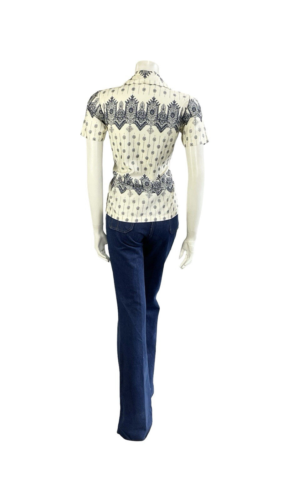 VTG 60S 70S CREAM NAVY BLUE MANDALA PSYCHEDELIC GEOMETRIC SHIRT 8 S