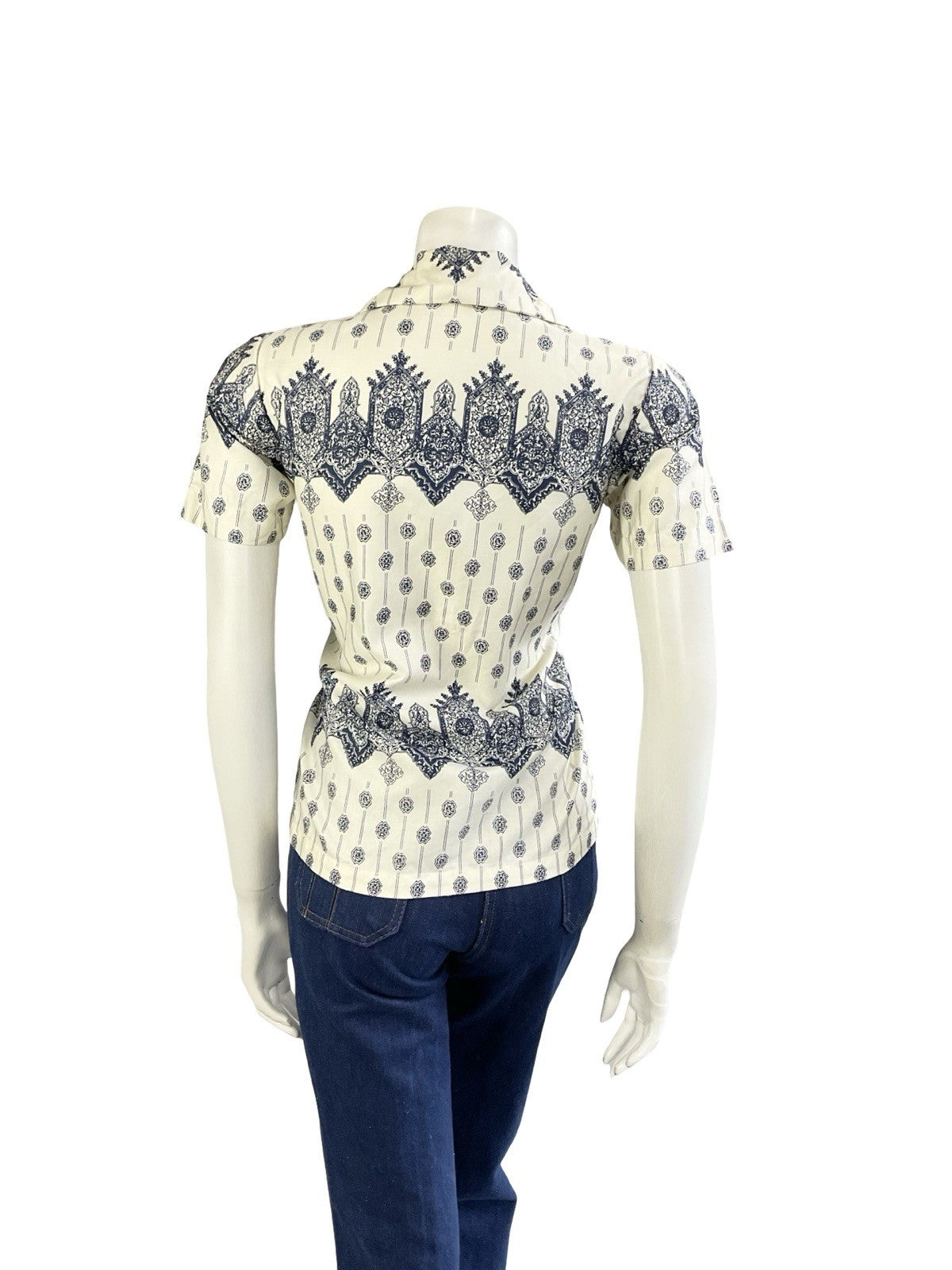 VTG 60S 70S CREAM NAVY BLUE MANDALA PSYCHEDELIC GEOMETRIC SHIRT 8 S