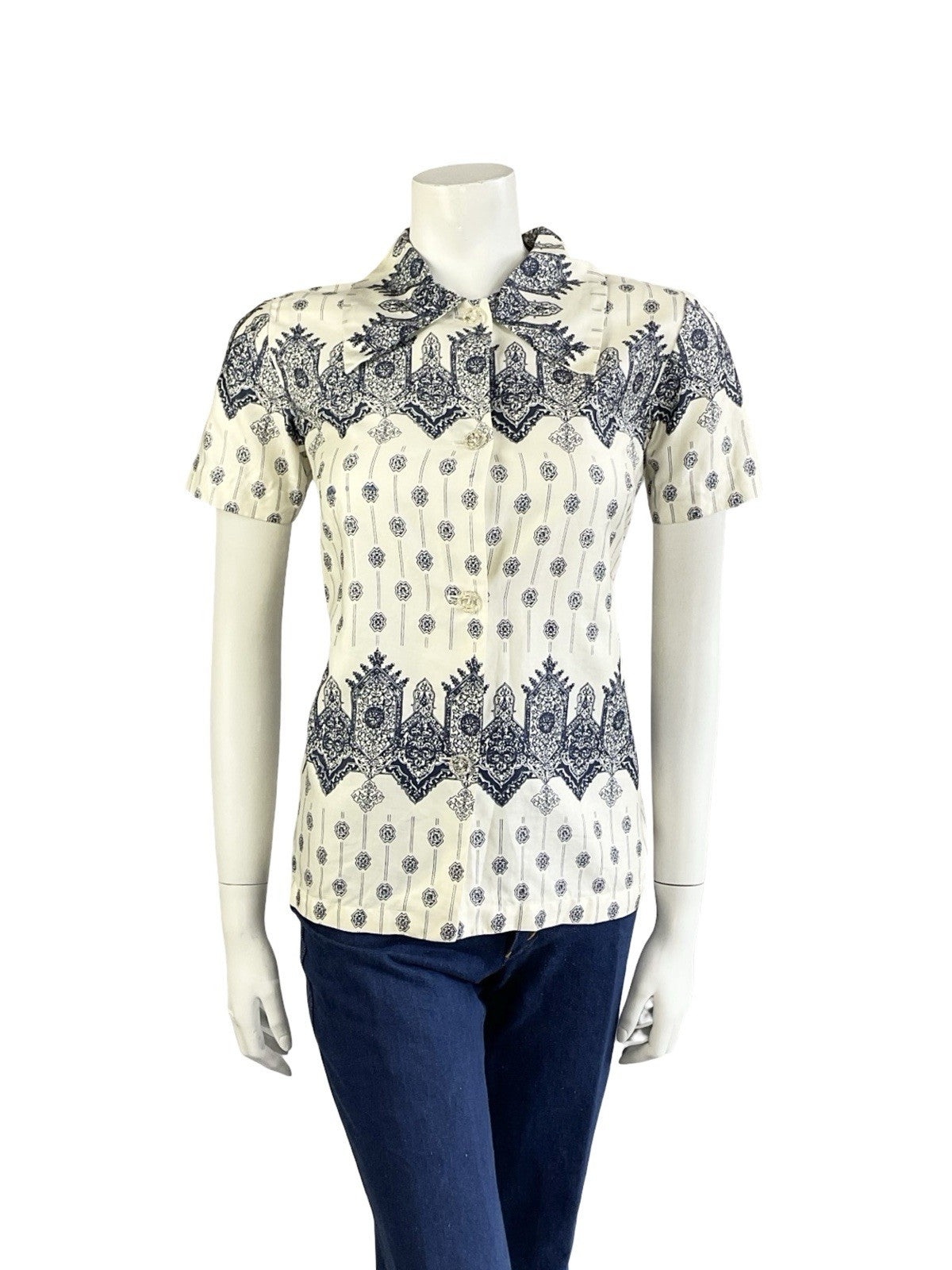 VTG 60S 70S CREAM NAVY BLUE MANDALA PSYCHEDELIC GEOMETRIC SHIRT 8 S
