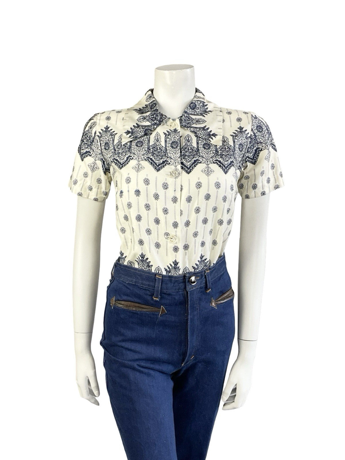 VTG 60S 70S CREAM NAVY BLUE MANDALA PSYCHEDELIC GEOMETRIC SHIRT 8 S