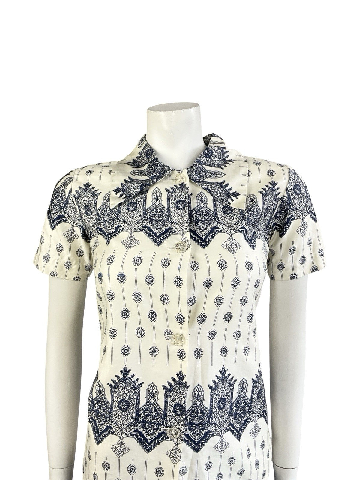 VTG 60S 70S CREAM NAVY BLUE MANDALA PSYCHEDELIC GEOMETRIC SHIRT 8 S
