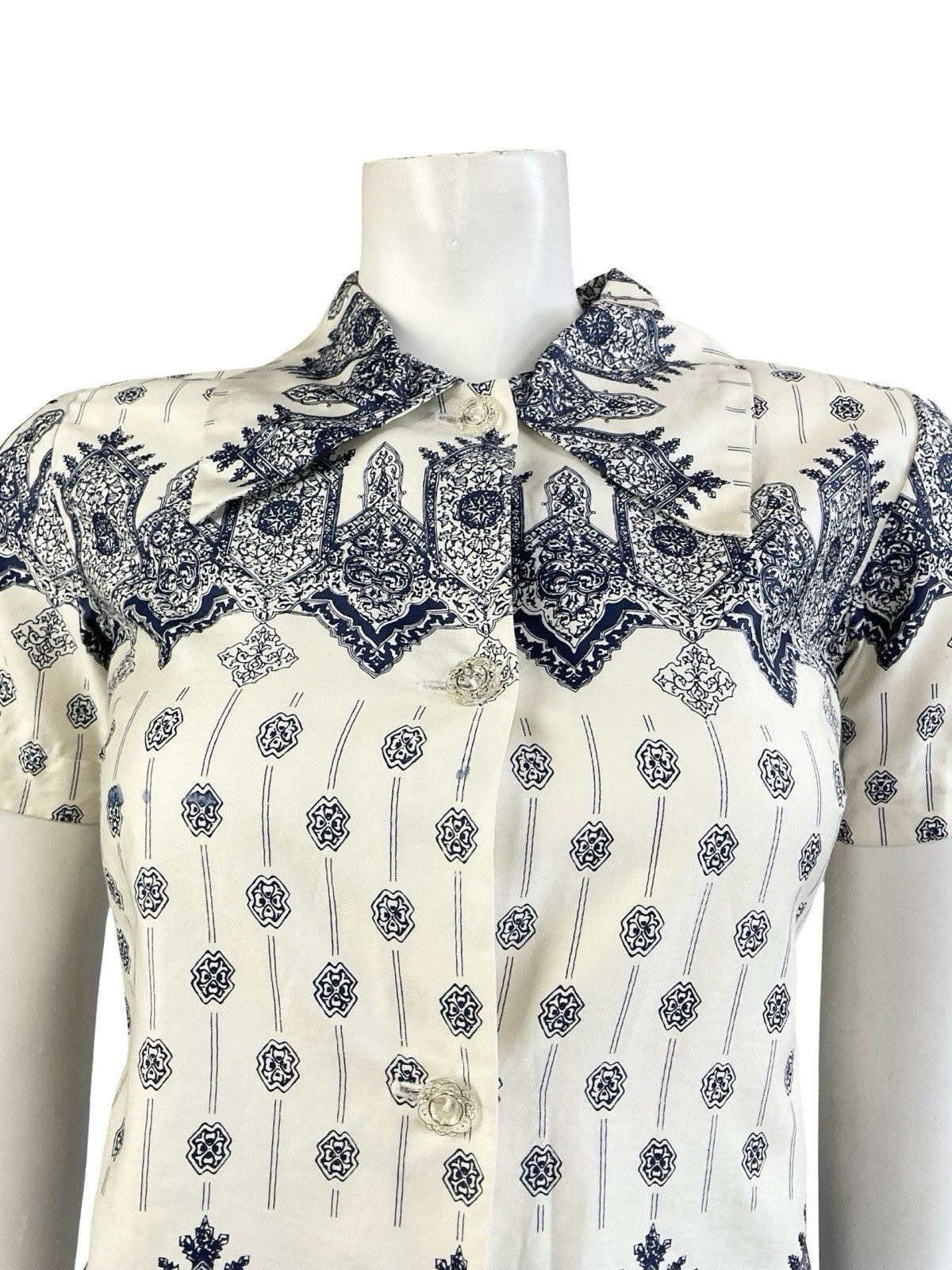 VTG 60S 70S CREAM NAVY BLUE MANDALA PSYCHEDELIC GEOMETRIC SHIRT 8 S