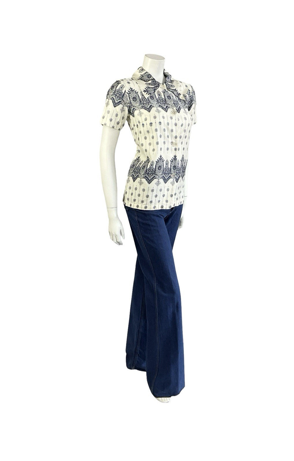 VTG 60S 70S CREAM NAVY BLUE MANDALA PSYCHEDELIC GEOMETRIC SHIRT 8 S