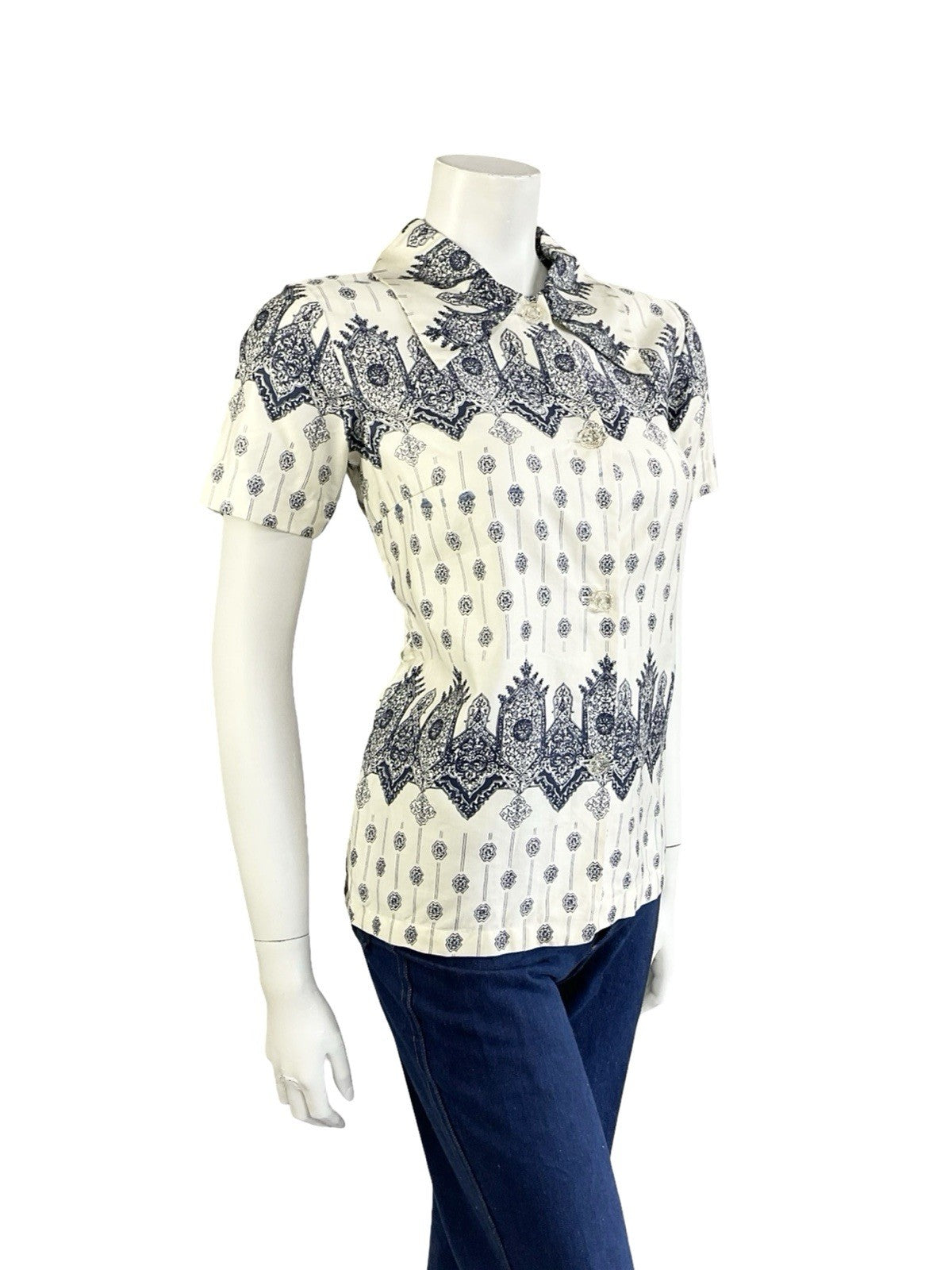 VTG 60S 70S CREAM NAVY BLUE MANDALA PSYCHEDELIC GEOMETRIC SHIRT 8 S