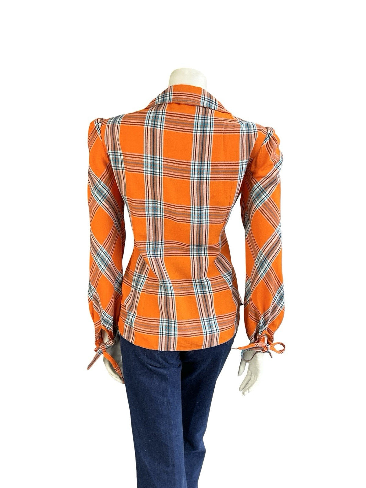 VTG 70S ORANGE BLUE BLACK PLAID DOG EAR COLLAR MOD PUNK ZIP UP SHIRT 12 14 M