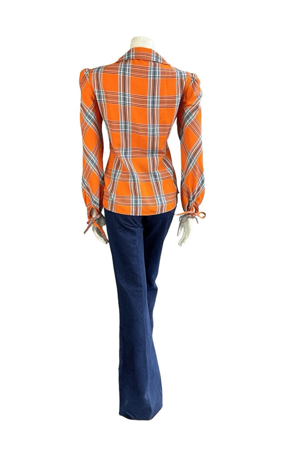 VTG 70S ORANGE BLUE BLACK PLAID DOG EAR COLLAR MOD PUNK ZIP UP SHIRT 12 14 M