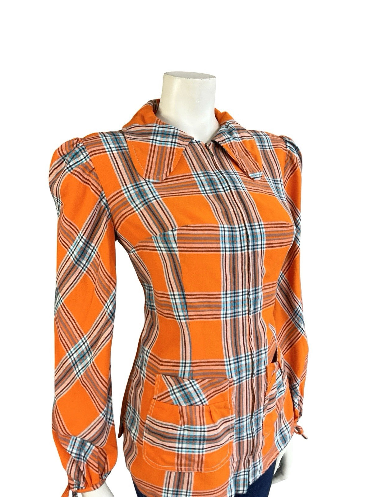 VTG 70S ORANGE BLUE BLACK PLAID DOG EAR COLLAR MOD PUNK ZIP UP SHIRT 12 14 M
