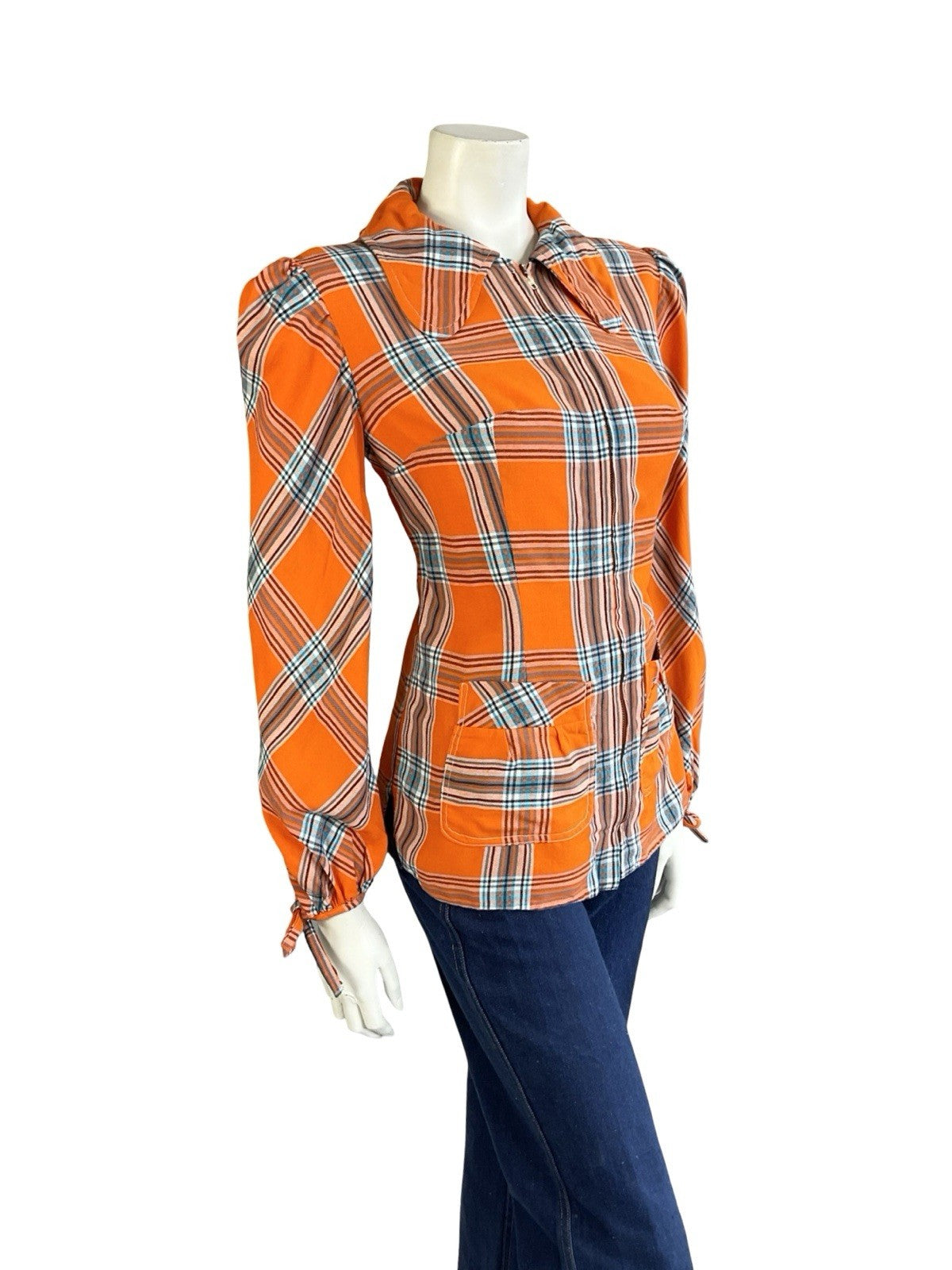 VTG 70S ORANGE BLUE BLACK PLAID DOG EAR COLLAR MOD PUNK ZIP UP SHIRT 12 14 M