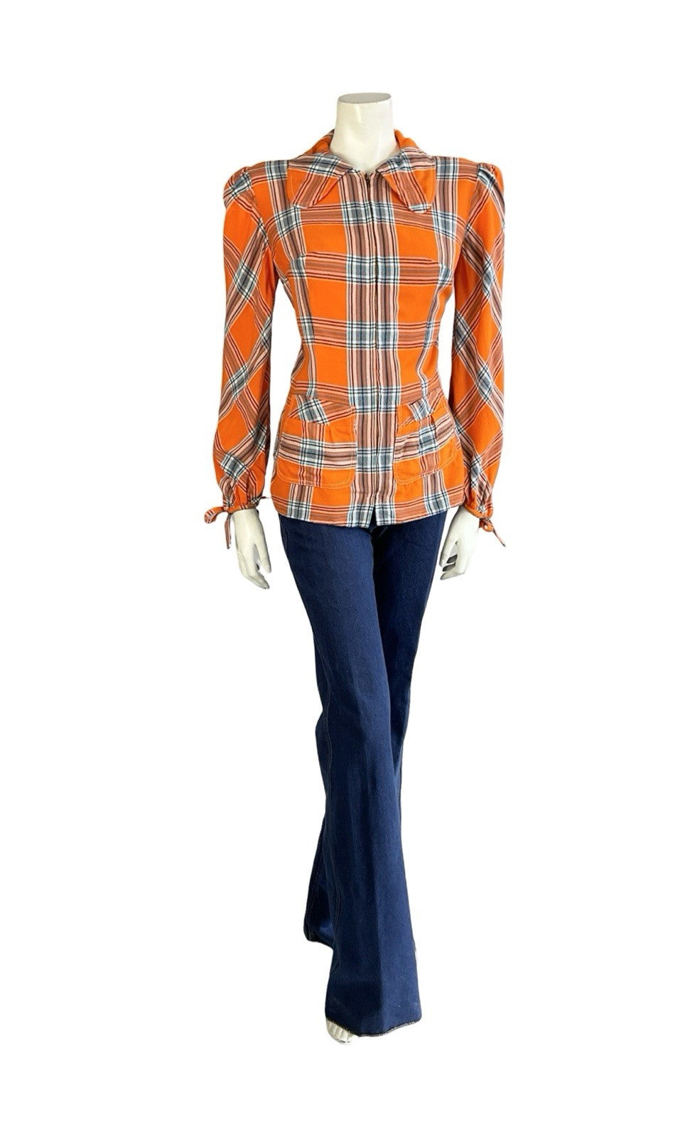 VTG 70S ORANGE BLUE BLACK PLAID DOG EAR COLLAR MOD PUNK ZIP UP SHIRT 12 14 M