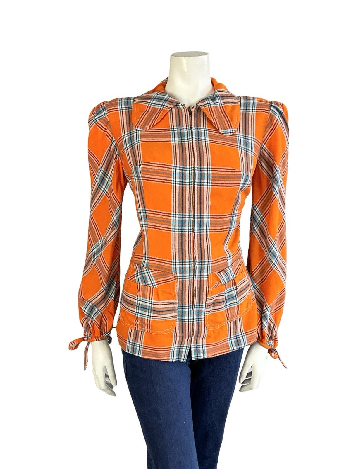 VTG 70S ORANGE BLUE BLACK PLAID DOG EAR COLLAR MOD PUNK ZIP UP SHIRT 12 14 M
