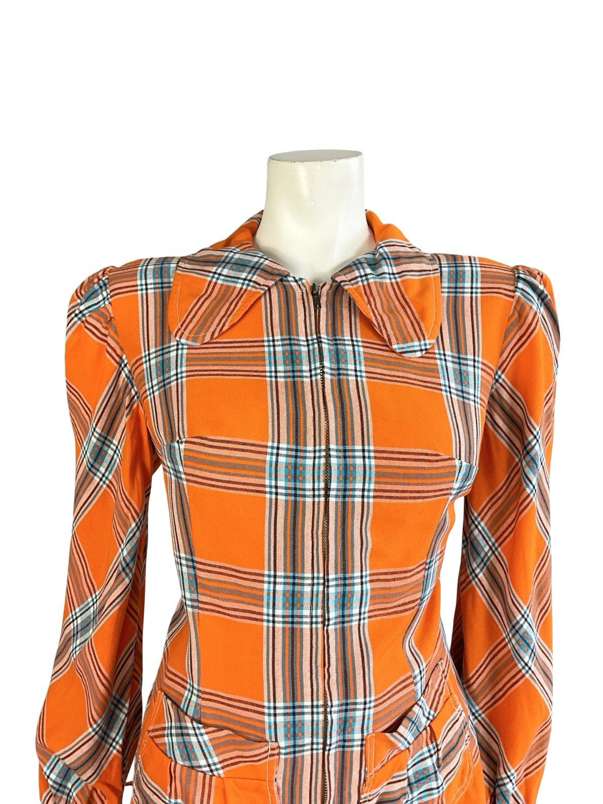 VTG 70S ORANGE BLUE BLACK PLAID DOG EAR COLLAR MOD PUNK ZIP UP SHIRT 12 14 M