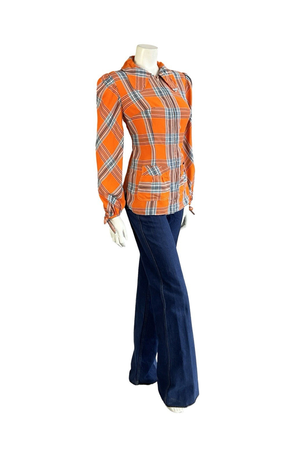 VTG 70S ORANGE BLUE BLACK PLAID DOG EAR COLLAR MOD PUNK ZIP UP SHIRT 12 14 M
