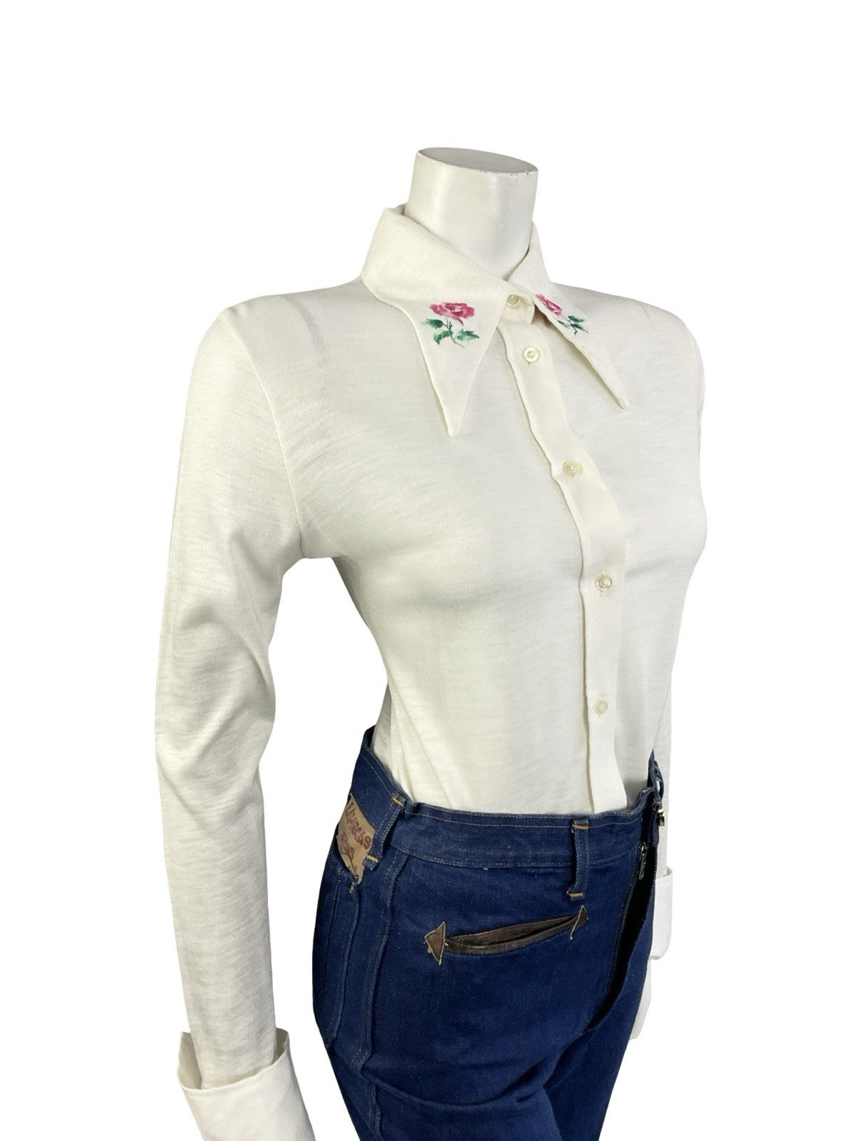 VTG 70S CREAM PINK GREEN EMBROIDERED ROSE DAGGER NEAPOLITAN SLEEVE SHIRT 12