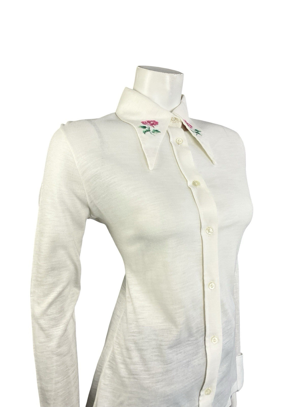 VTG 70S CREAM PINK GREEN EMBROIDERED ROSE DAGGER NEAPOLITAN SLEEVE SHIRT 12