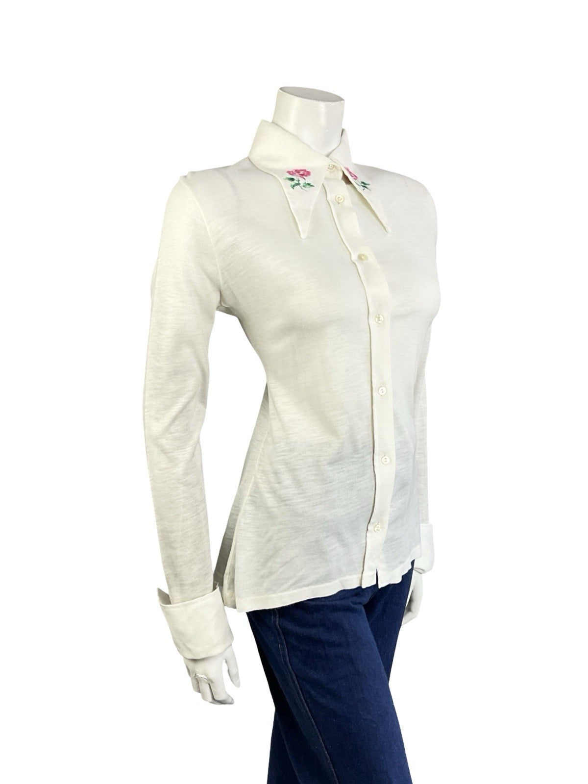 VTG 70S CREAM PINK GREEN EMBROIDERED ROSE DAGGER NEAPOLITAN SLEEVE SHIRT 12