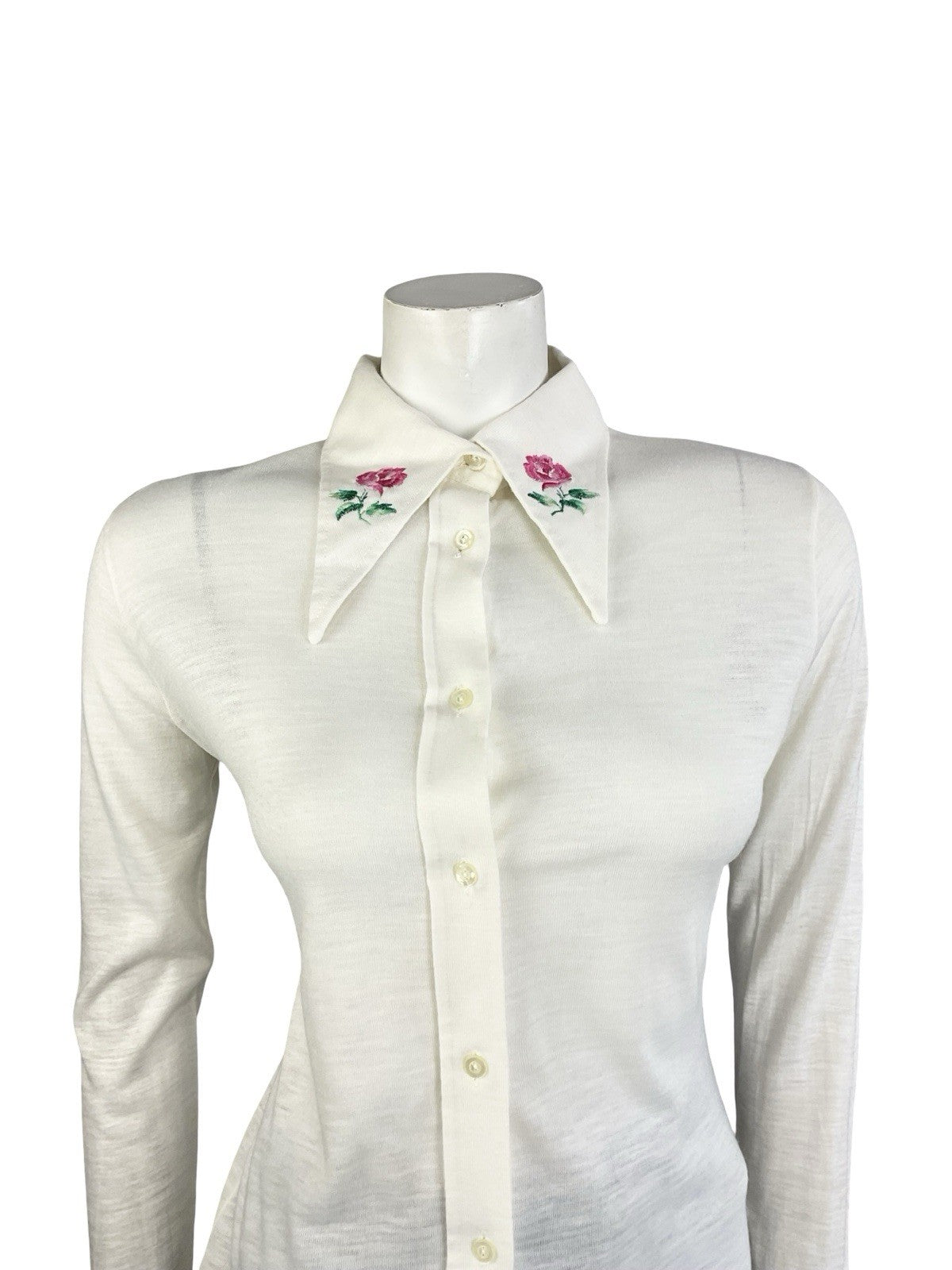 VTG 70S CREAM PINK GREEN EMBROIDERED ROSE DAGGER NEAPOLITAN SLEEVE SHIRT 12