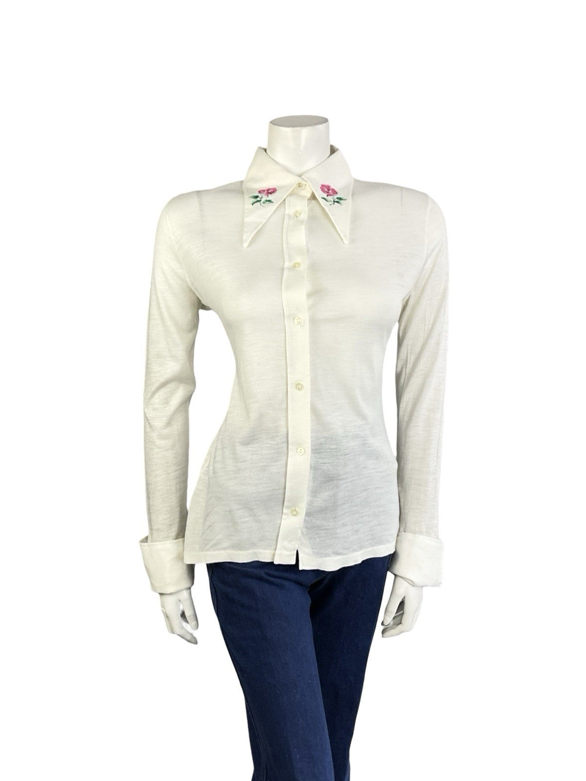 VTG 70S CREAM PINK GREEN EMBROIDERED ROSE DAGGER NEAPOLITAN SLEEVE SHIRT 12