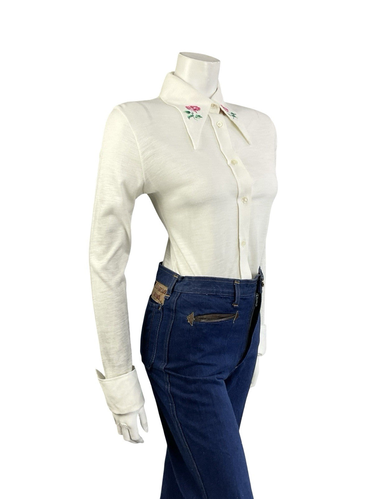 VTG 70S CREAM PINK GREEN EMBROIDERED ROSE DAGGER NEAPOLITAN SLEEVE SHIRT 12