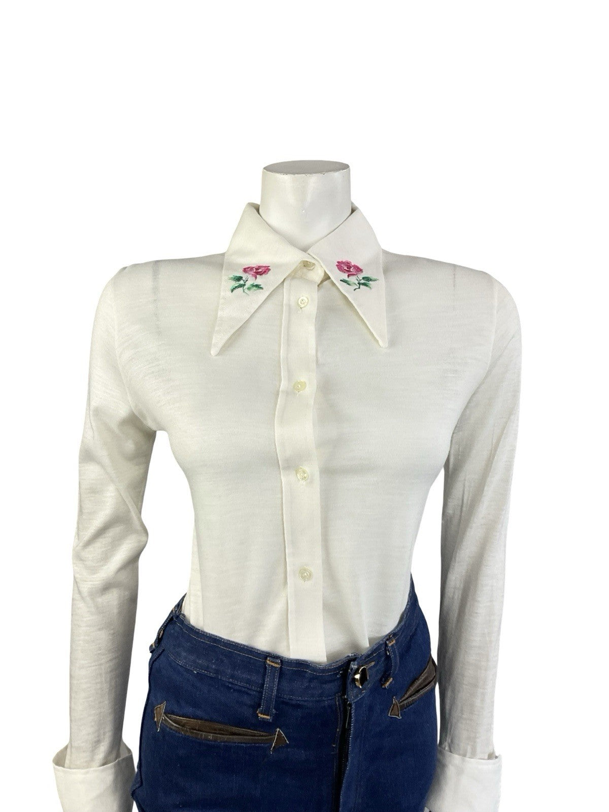 VTG 70S CREAM PINK GREEN EMBROIDERED ROSE DAGGER NEAPOLITAN SLEEVE SHIRT 12