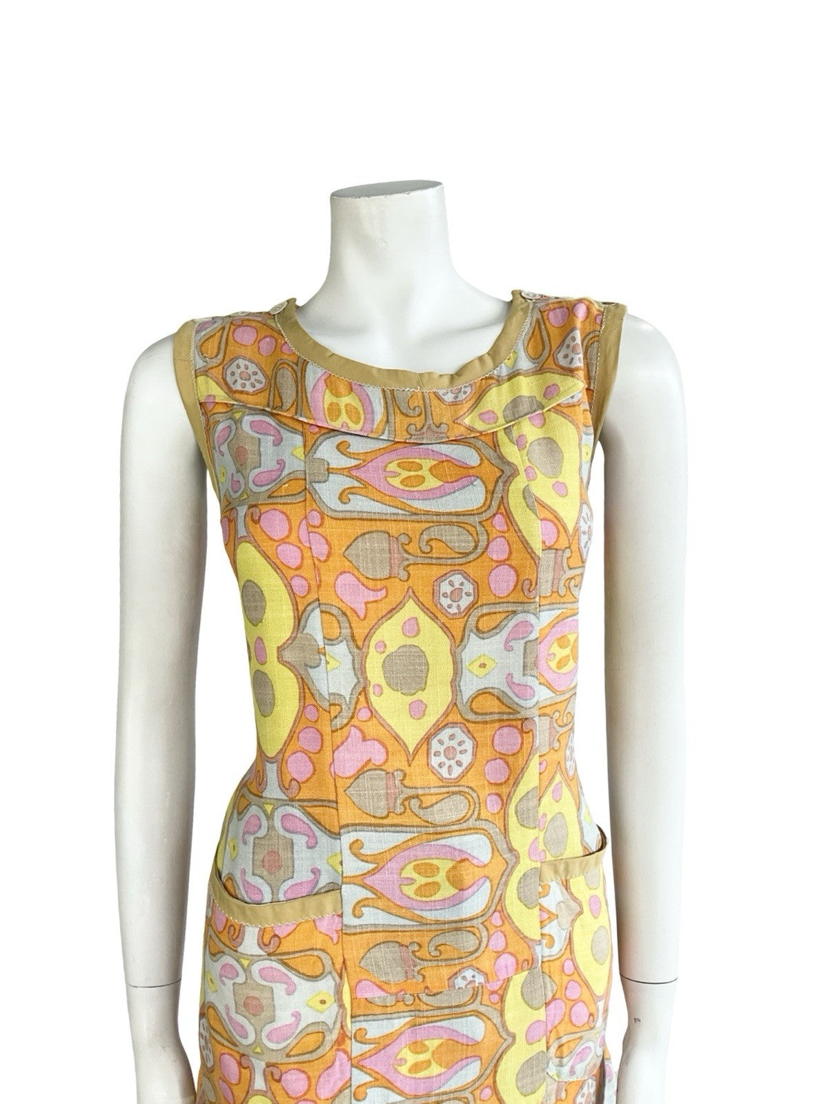 VTG 60S PINK ORANGE YELLOW BROWN PSYCHEDELIC PAISLEY TUNIC PINAFORE TOP 10