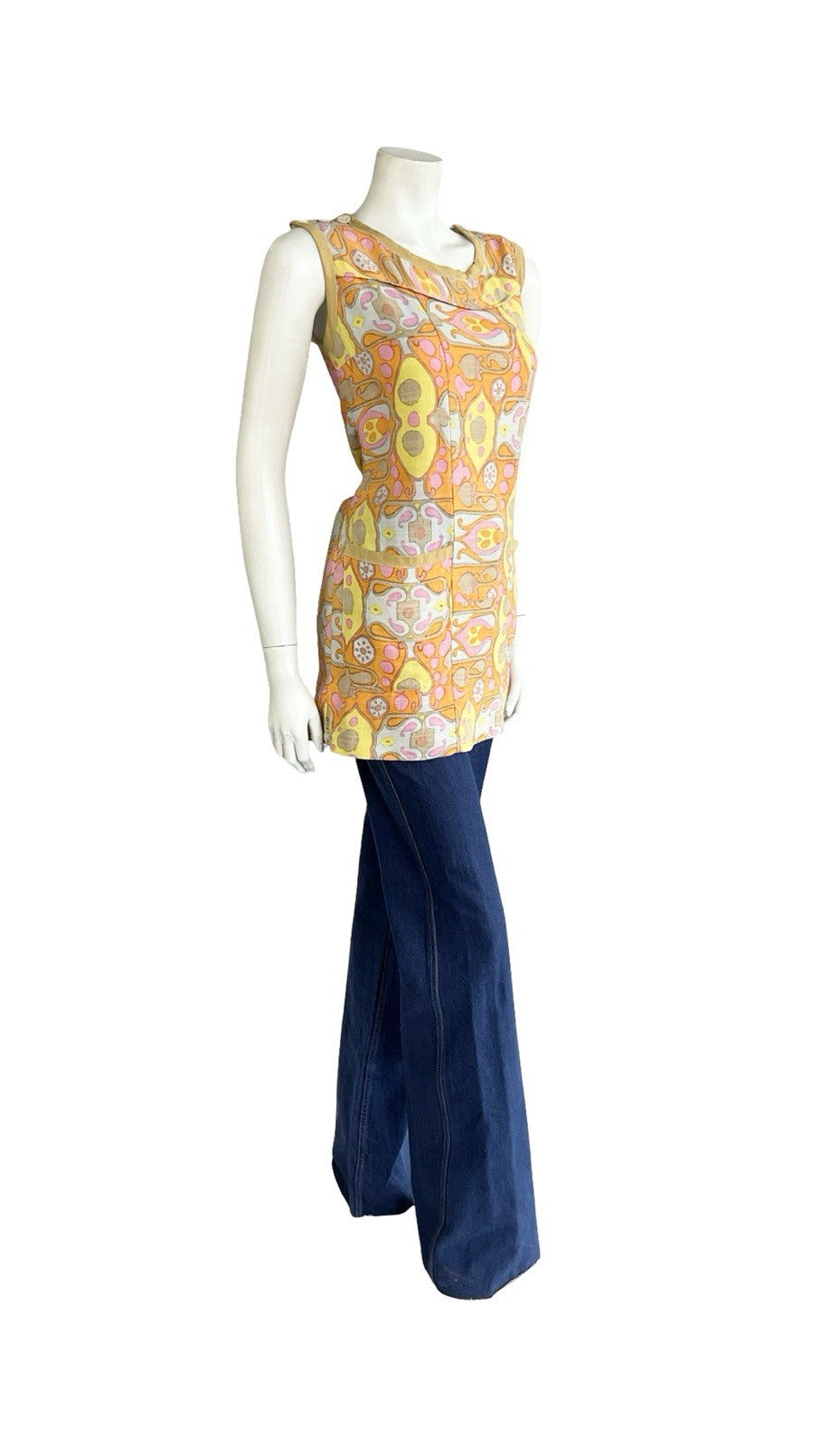 VTG 60S PINK ORANGE YELLOW BROWN PSYCHEDELIC PAISLEY TUNIC PINAFORE TOP 10
