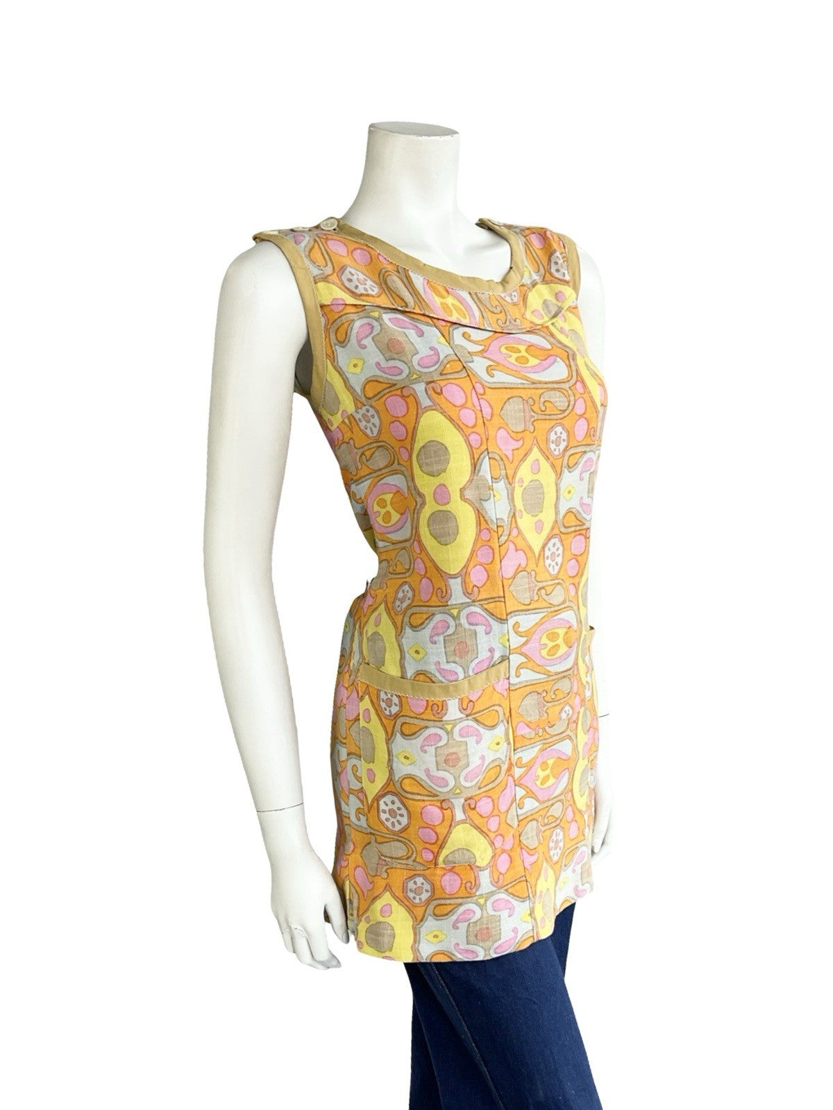 VTG 60S PINK ORANGE YELLOW BROWN PSYCHEDELIC PAISLEY TUNIC PINAFORE TOP 10