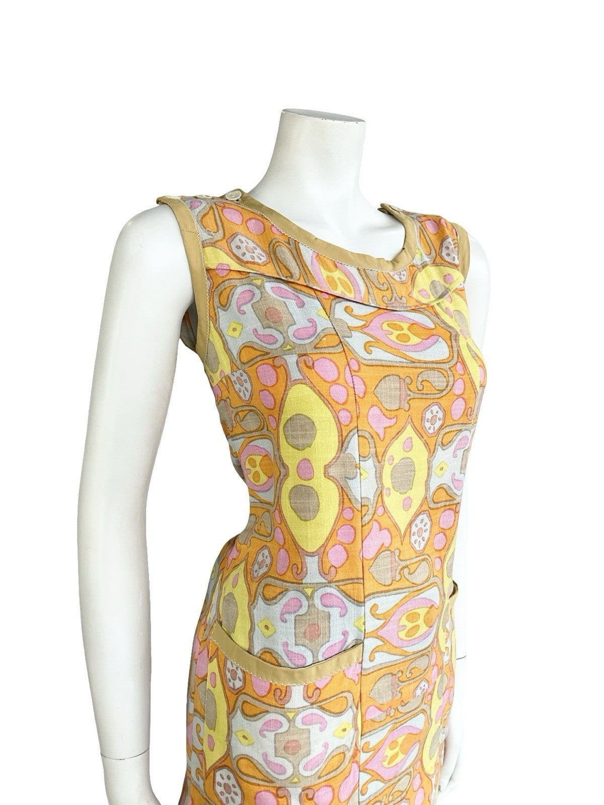 VTG 60S PINK ORANGE YELLOW BROWN PSYCHEDELIC PAISLEY TUNIC PINAFORE TOP 10