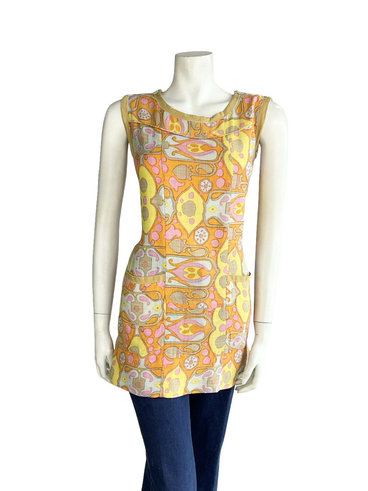 VTG 60S PINK ORANGE YELLOW BROWN PSYCHEDELIC PAISLEY TUNIC PINAFORE TOP 10