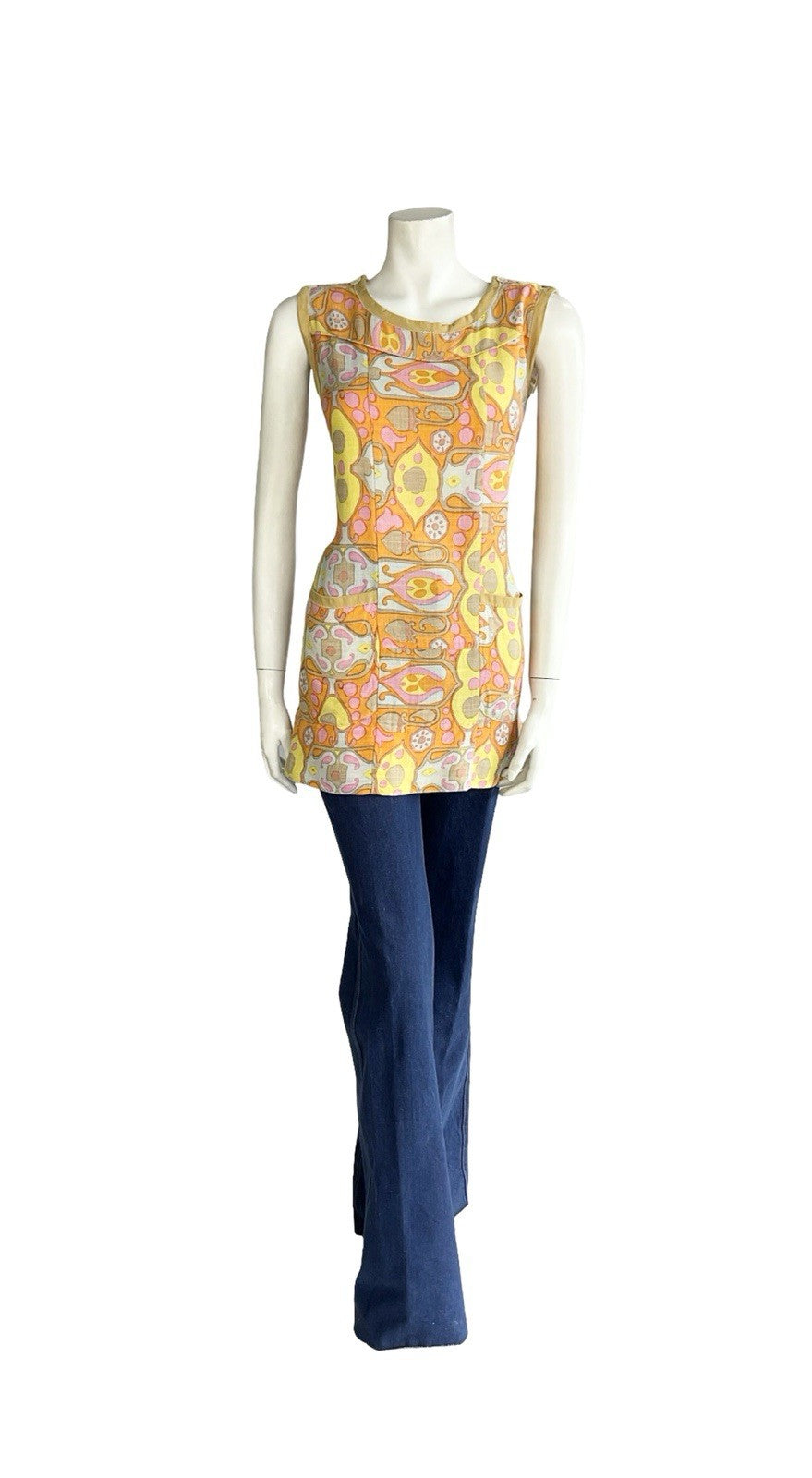 VTG 60S PINK ORANGE YELLOW BROWN PSYCHEDELIC PAISLEY TUNIC PINAFORE TOP 10