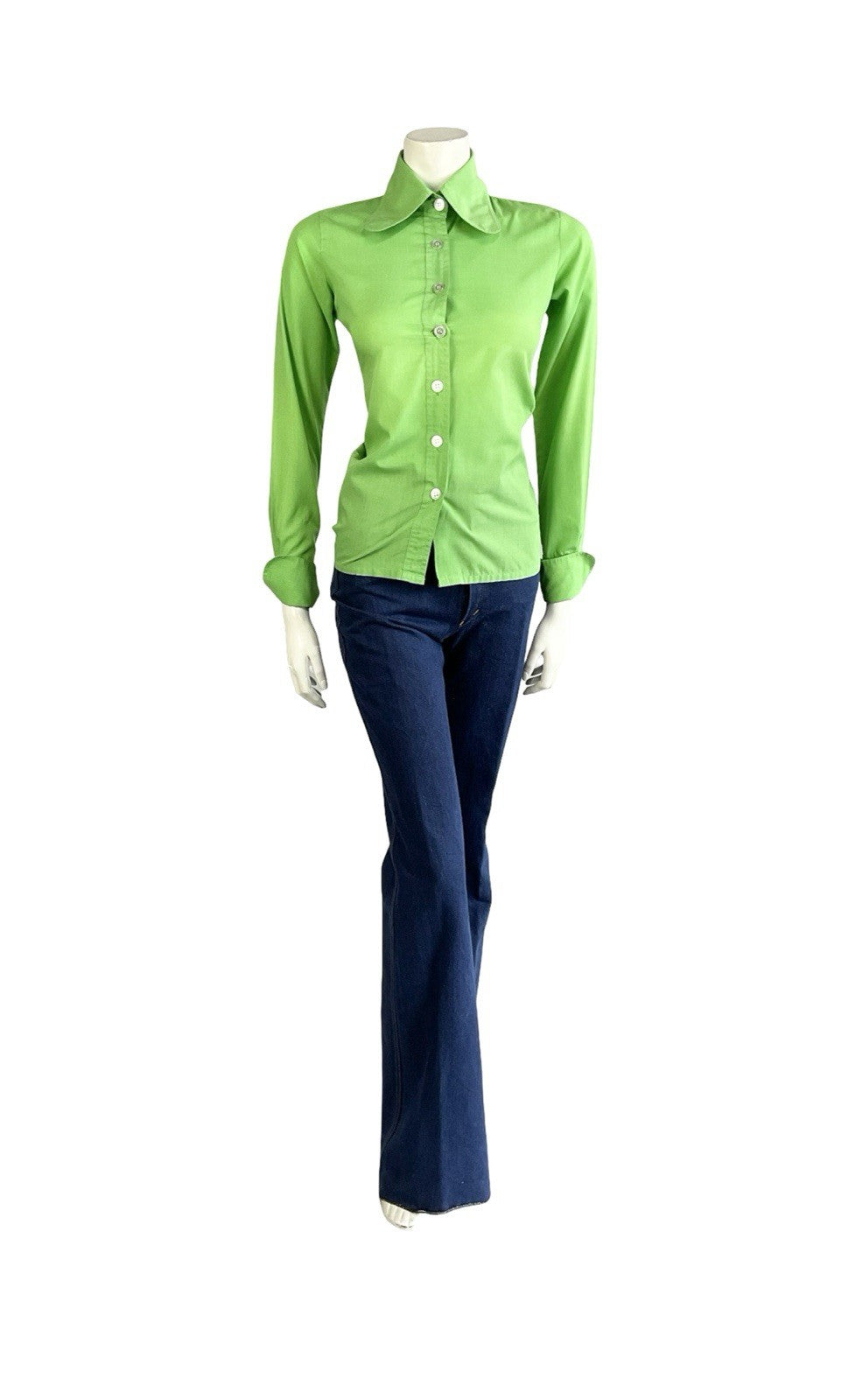 VTG 60S 70S APPLE GREEN MOD DOG EAR BEAGLE COLLAR NEAPOLITAN SLEEVE SHIRT 8