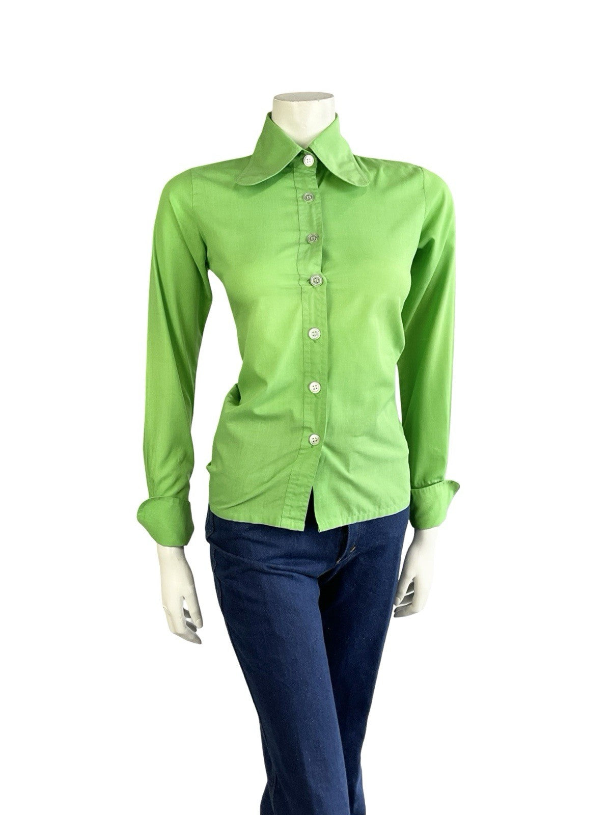 VTG 60S 70S APPLE GREEN MOD DOG EAR BEAGLE COLLAR NEAPOLITAN SLEEVE SHIRT 8