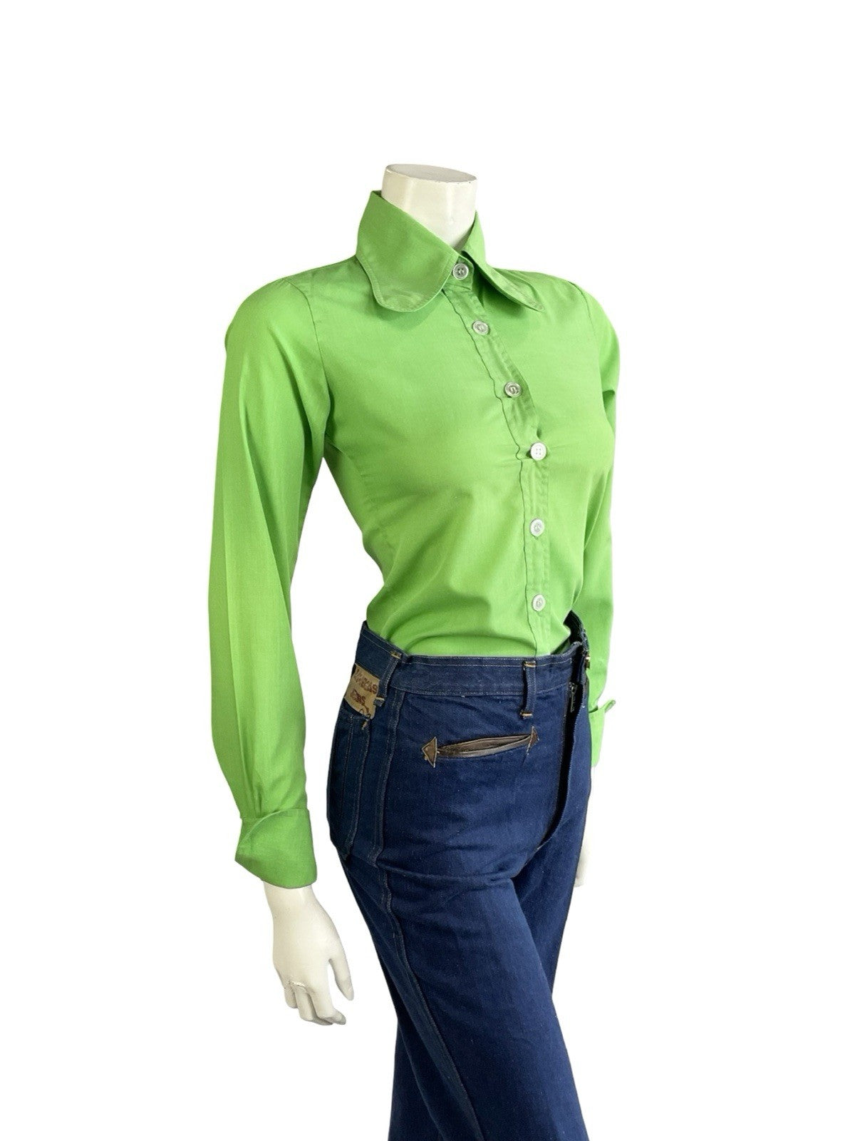 VTG 60S 70S APPLE GREEN MOD DOG EAR BEAGLE COLLAR NEAPOLITAN SLEEVE SHIRT 8