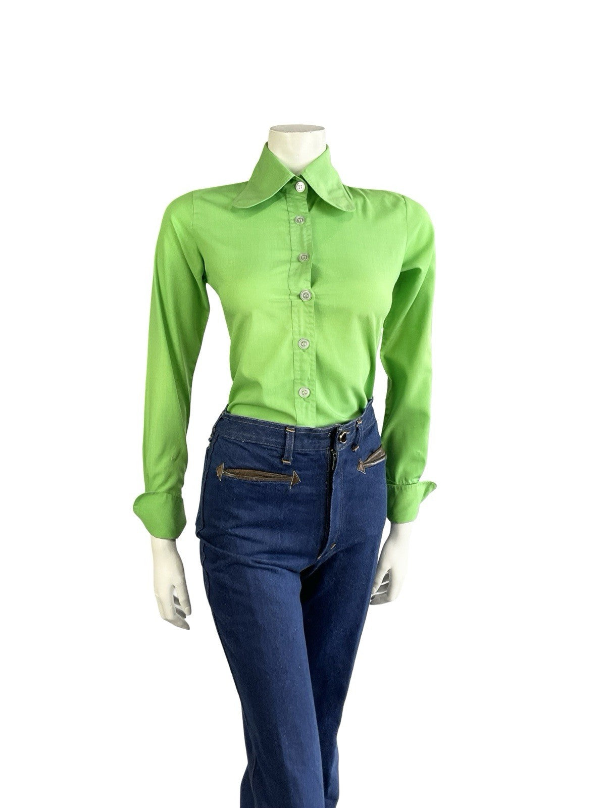 VTG 60S 70S APPLE GREEN MOD DOG EAR BEAGLE COLLAR NEAPOLITAN SLEEVE SHIRT 8