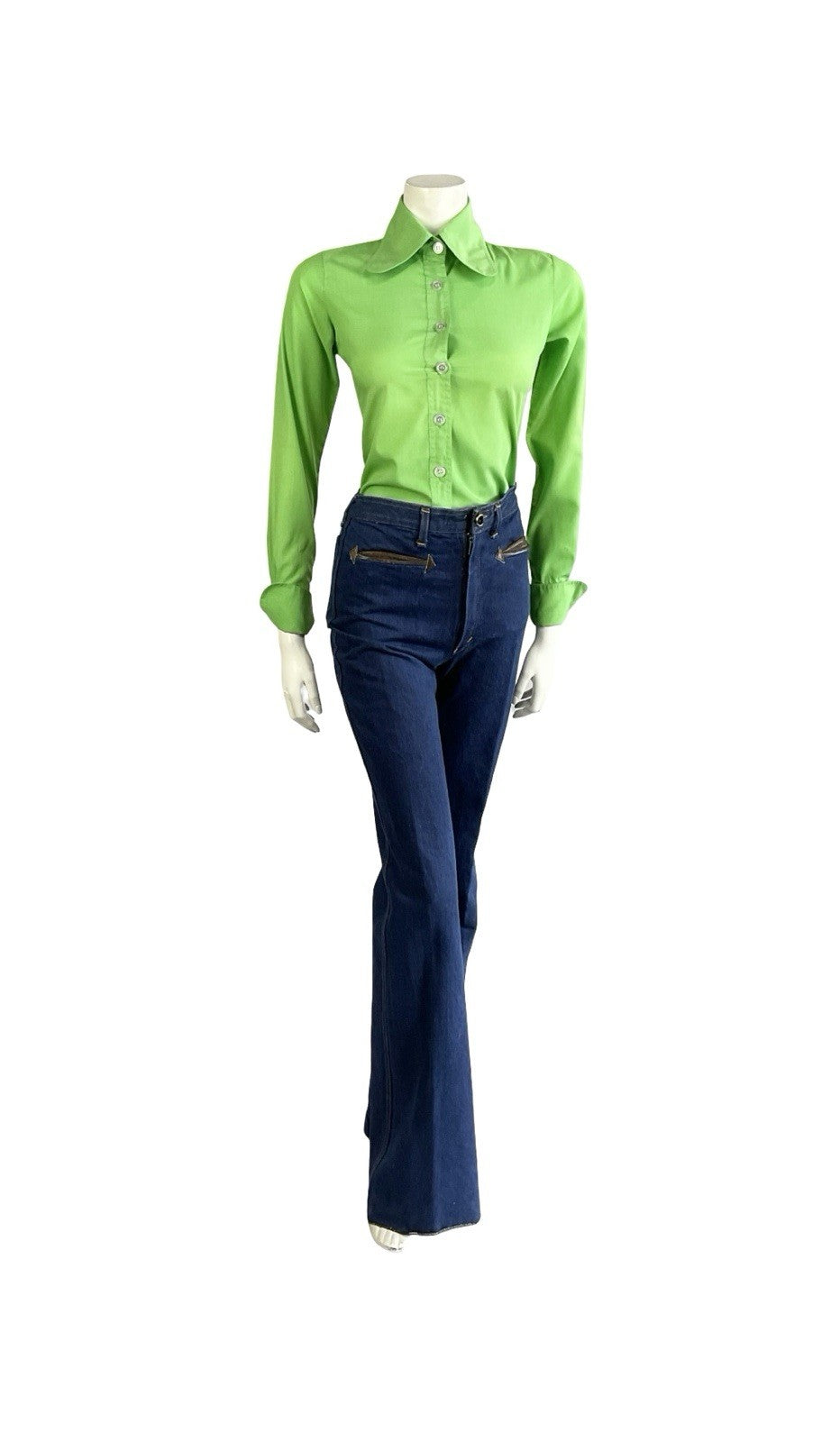 VTG 60S 70S APPLE GREEN MOD DOG EAR BEAGLE COLLAR NEAPOLITAN SLEEVE SHIRT 8