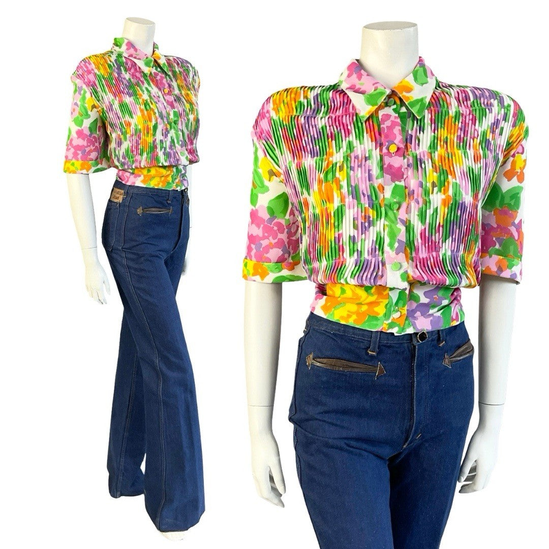 VTG 70S 80S WHITE GREEN PINK ORANGE PLEATED NEW WAVE DAGGER COLLAR CROP SHIRT 16