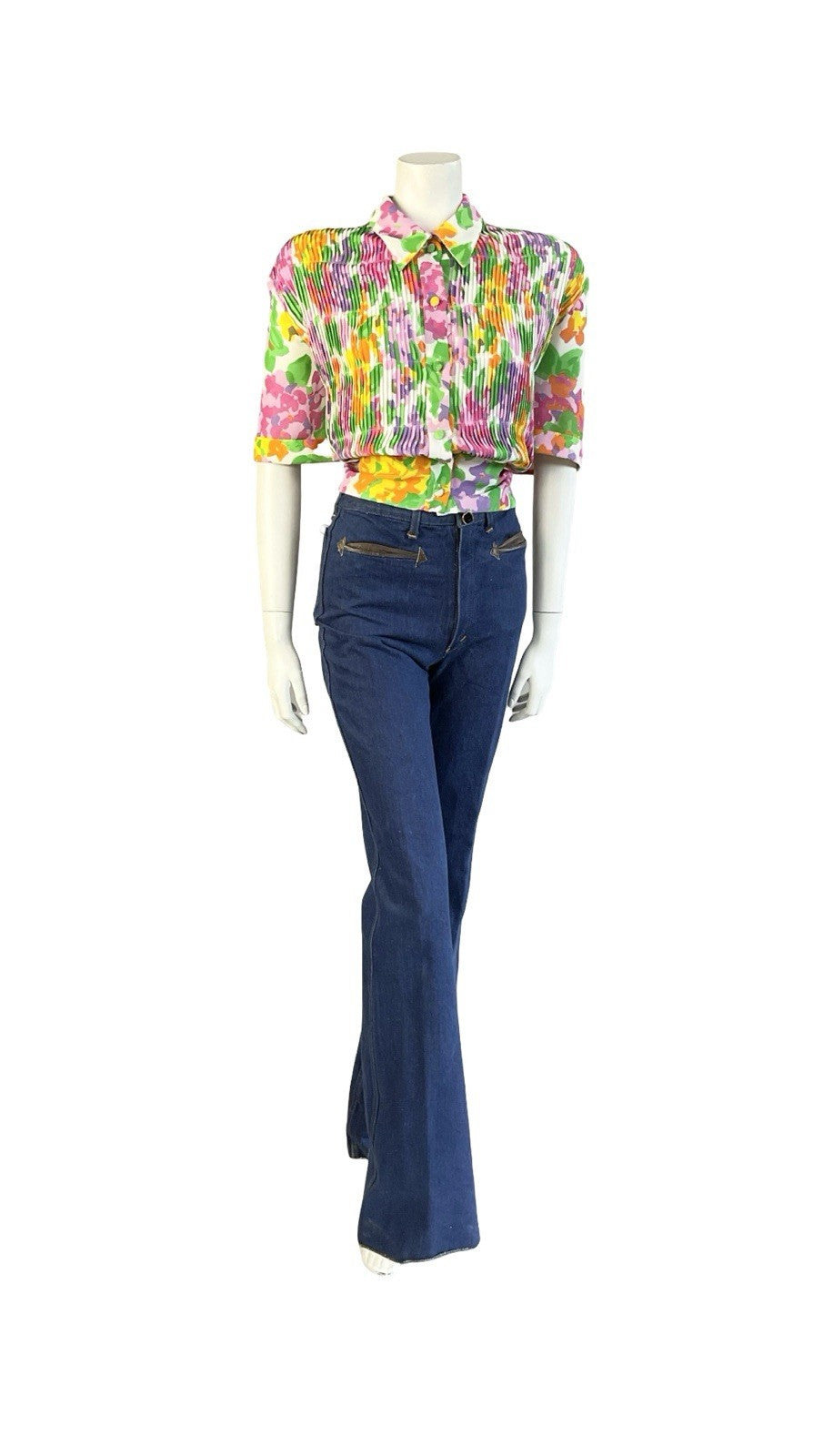 VTG 70S 80S WHITE GREEN PINK ORANGE PLEATED NEW WAVE DAGGER COLLAR CROP SHIRT 16