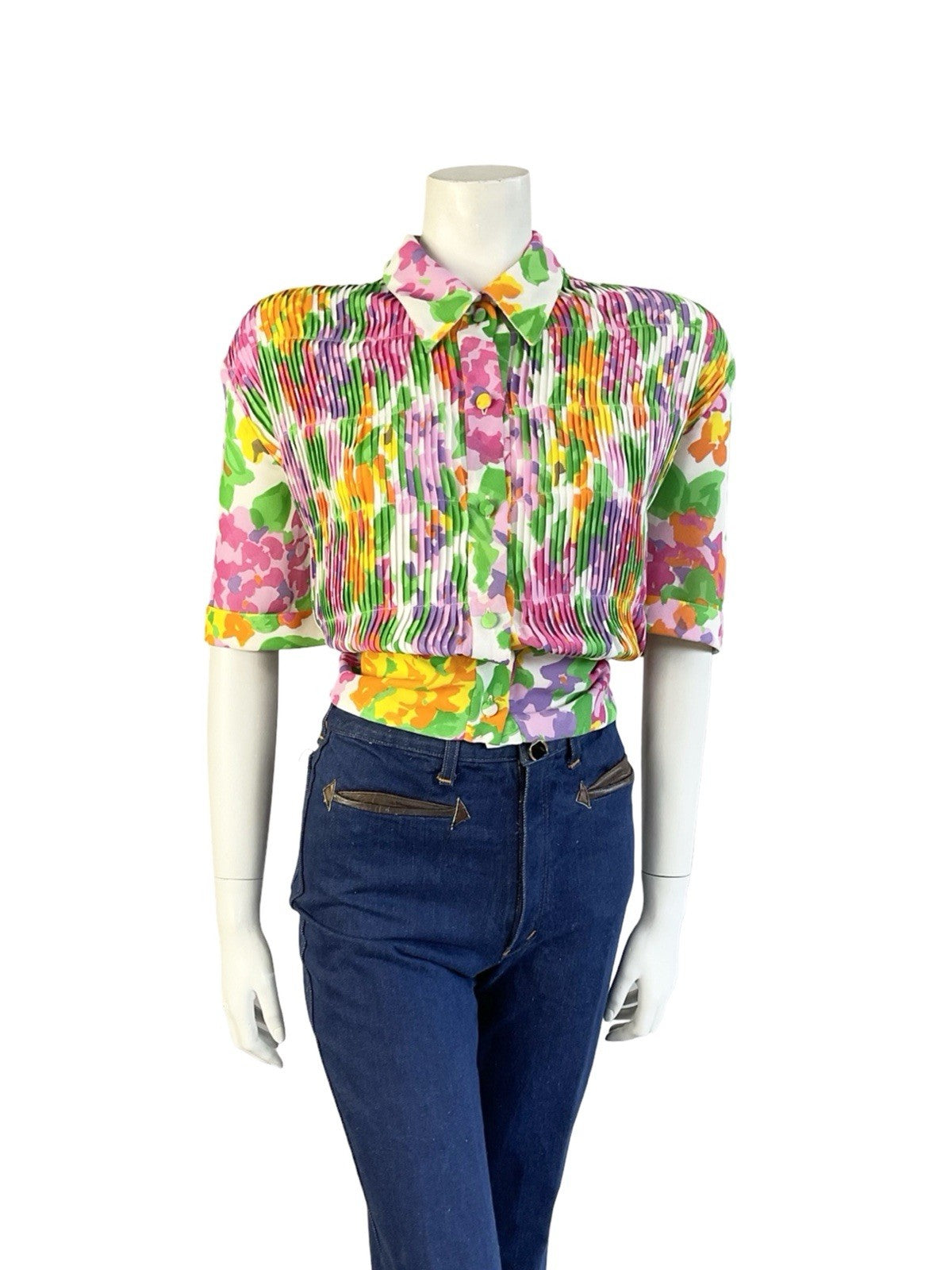 VTG 70S 80S WHITE GREEN PINK ORANGE PLEATED NEW WAVE DAGGER COLLAR CROP SHIRT 16