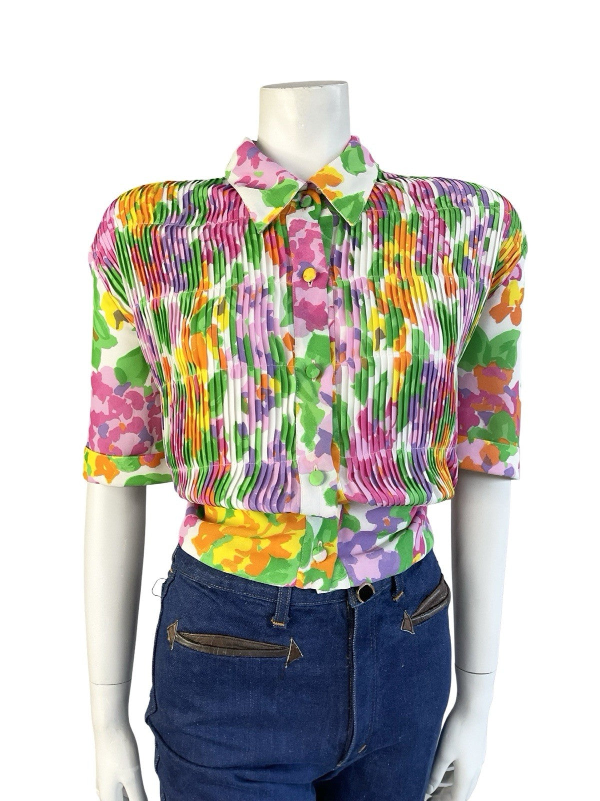 VTG 70S 80S WHITE GREEN PINK ORANGE PLEATED NEW WAVE DAGGER COLLAR CROP SHIRT 16