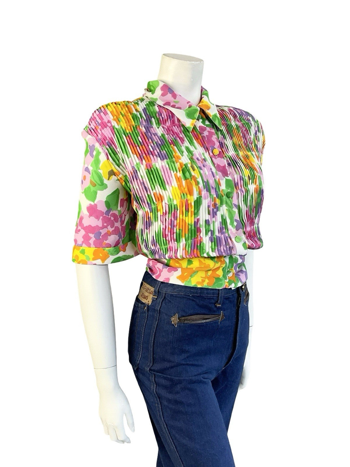 VTG 70S 80S WHITE GREEN PINK ORANGE PLEATED NEW WAVE DAGGER COLLAR CROP SHIRT 16
