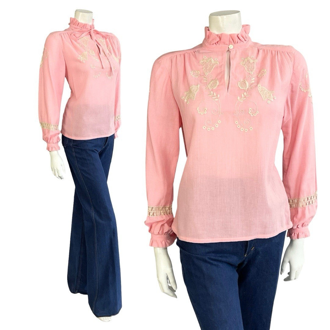 VTG 70S PINK CREAM EDWARDIAN FOLK FLORAL EMBROIDERED BOW COTTON BLOUSE 12
