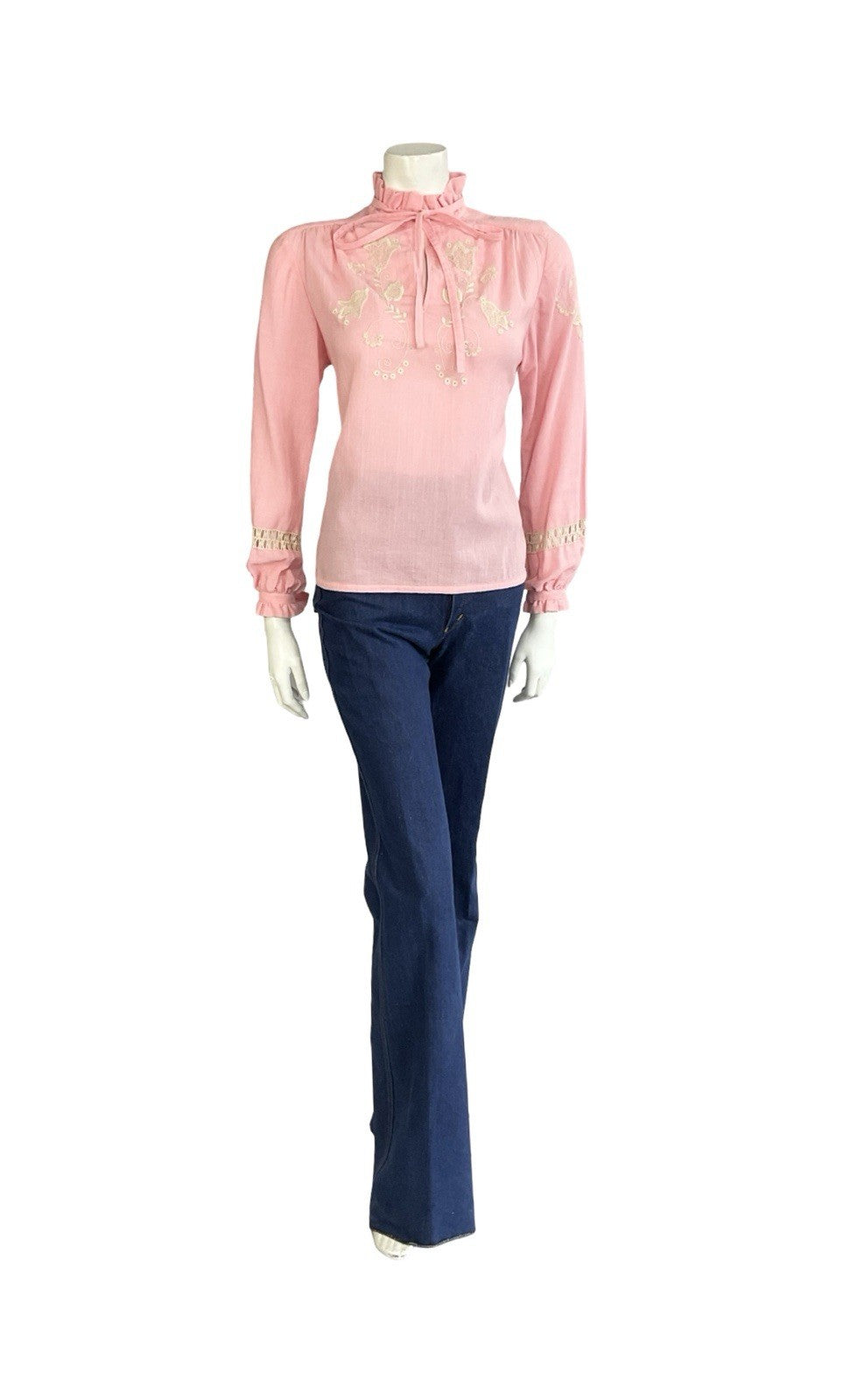 VTG 70S PINK CREAM EDWARDIAN FOLK FLORAL EMBROIDERED BOW COTTON BLOUSE 12