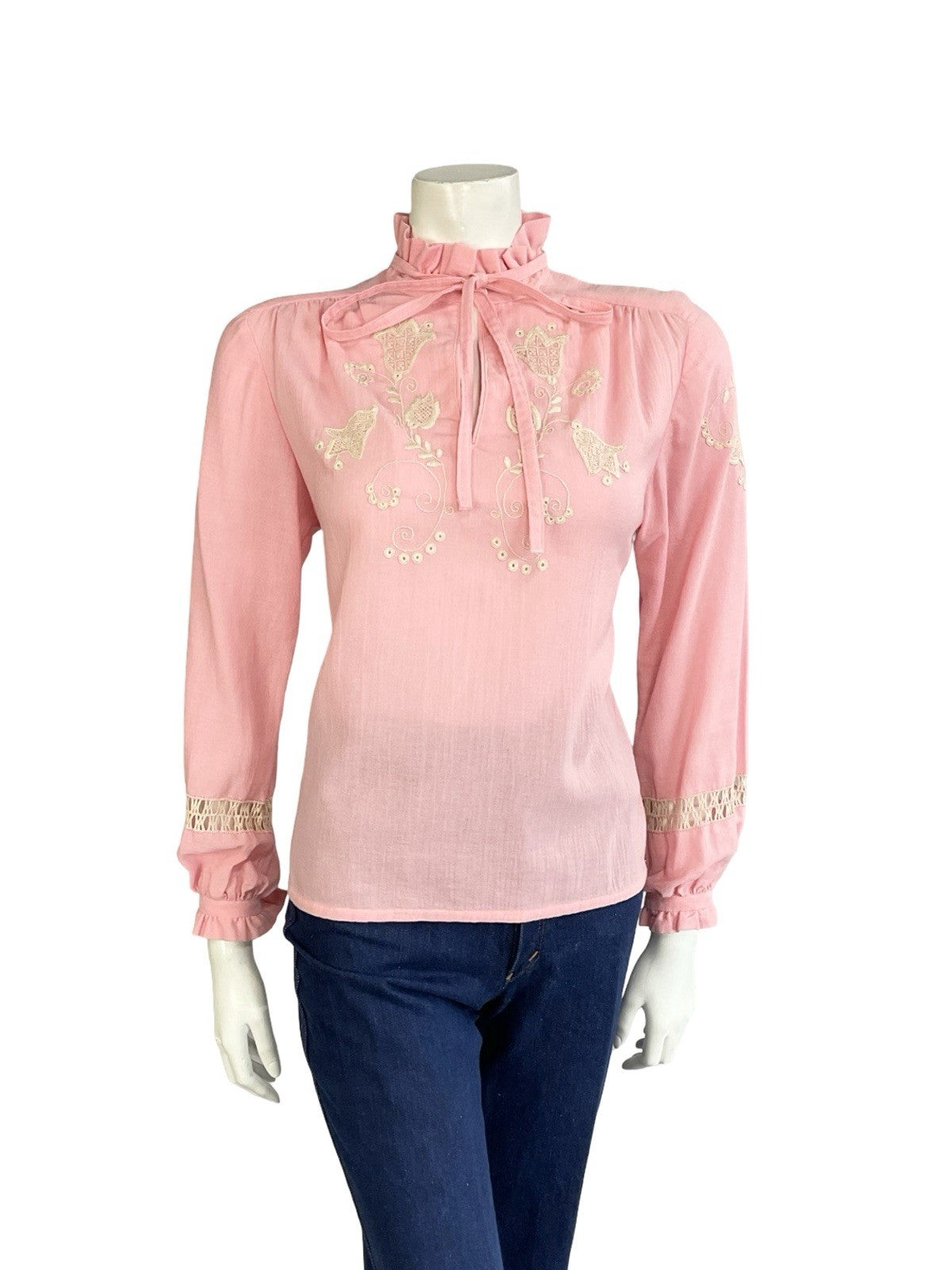VTG 70S PINK CREAM EDWARDIAN FOLK FLORAL EMBROIDERED BOW COTTON BLOUSE 12