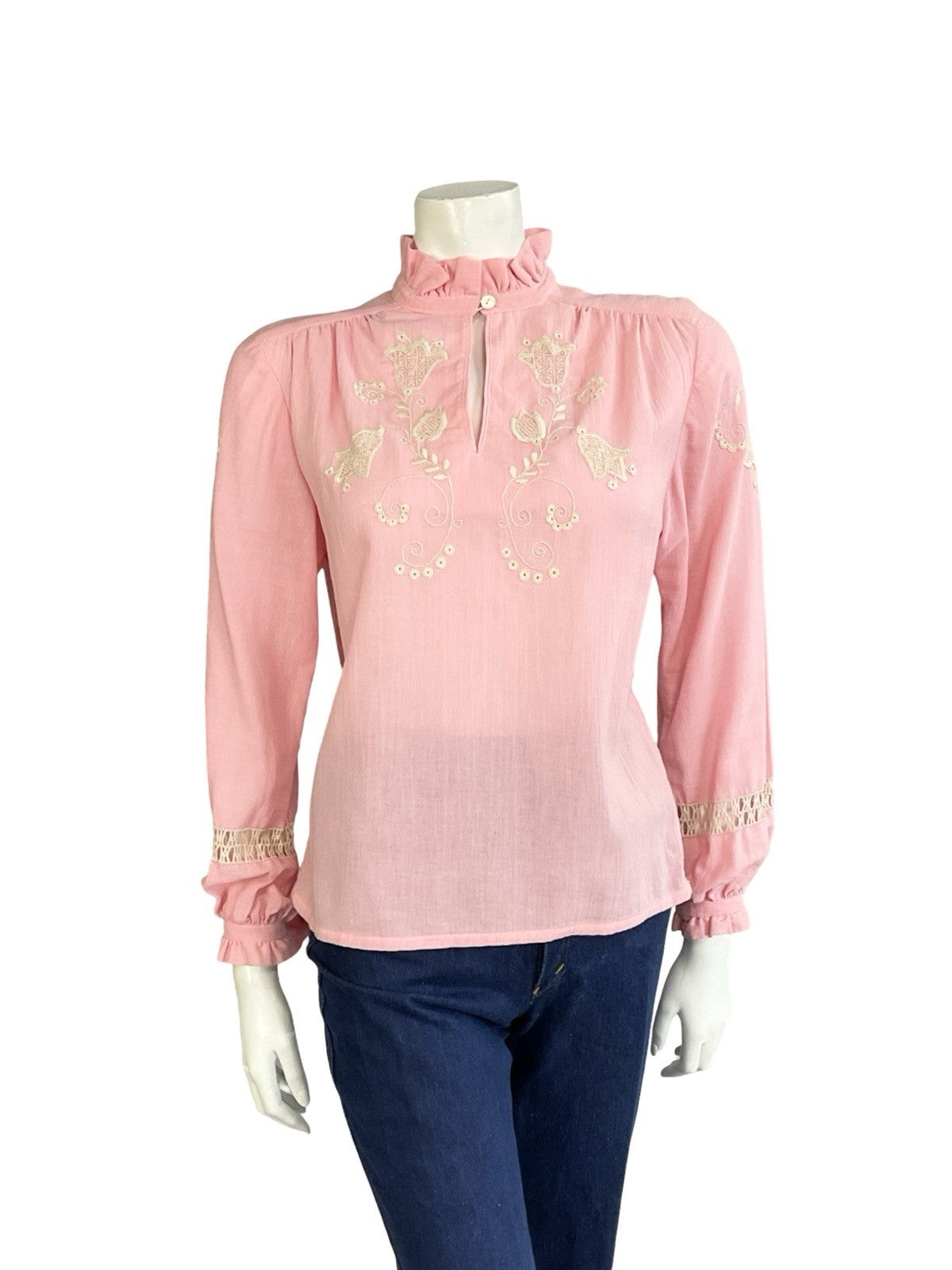 VTG 70S PINK CREAM EDWARDIAN FOLK FLORAL EMBROIDERED BOW COTTON BLOUSE 12
