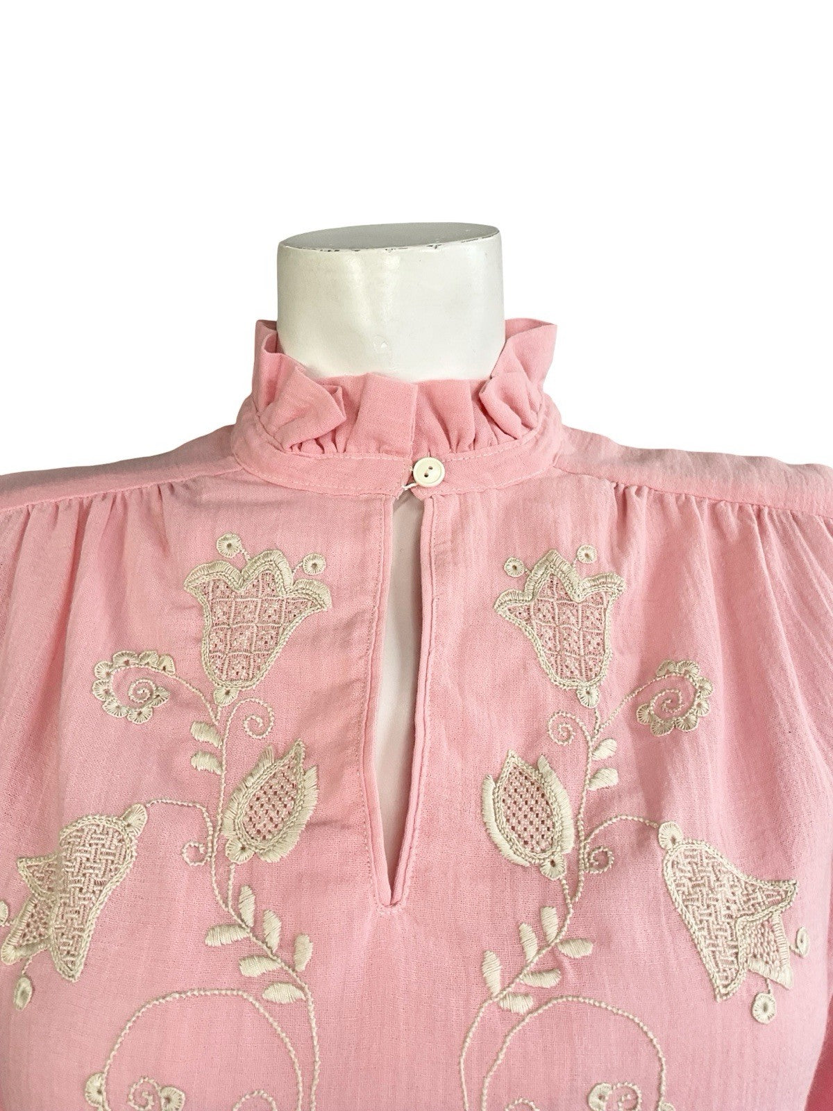 VTG 70S PINK CREAM EDWARDIAN FOLK FLORAL EMBROIDERED BOW COTTON BLOUSE 12
