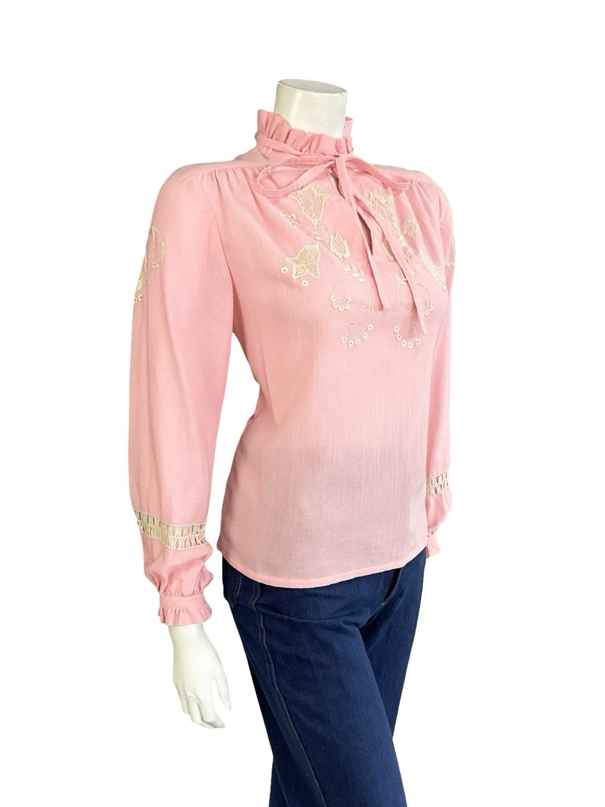 VTG 70S PINK CREAM EDWARDIAN FOLK FLORAL EMBROIDERED BOW COTTON BLOUSE 12
