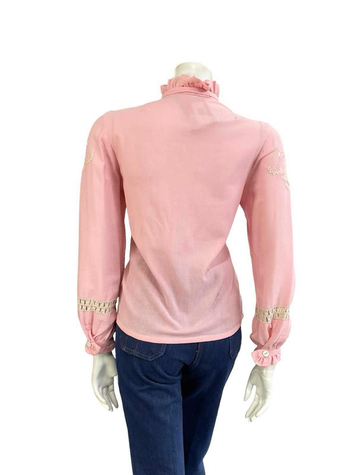 VTG 70S PINK CREAM EDWARDIAN FOLK FLORAL EMBROIDERED BOW COTTON BLOUSE 12