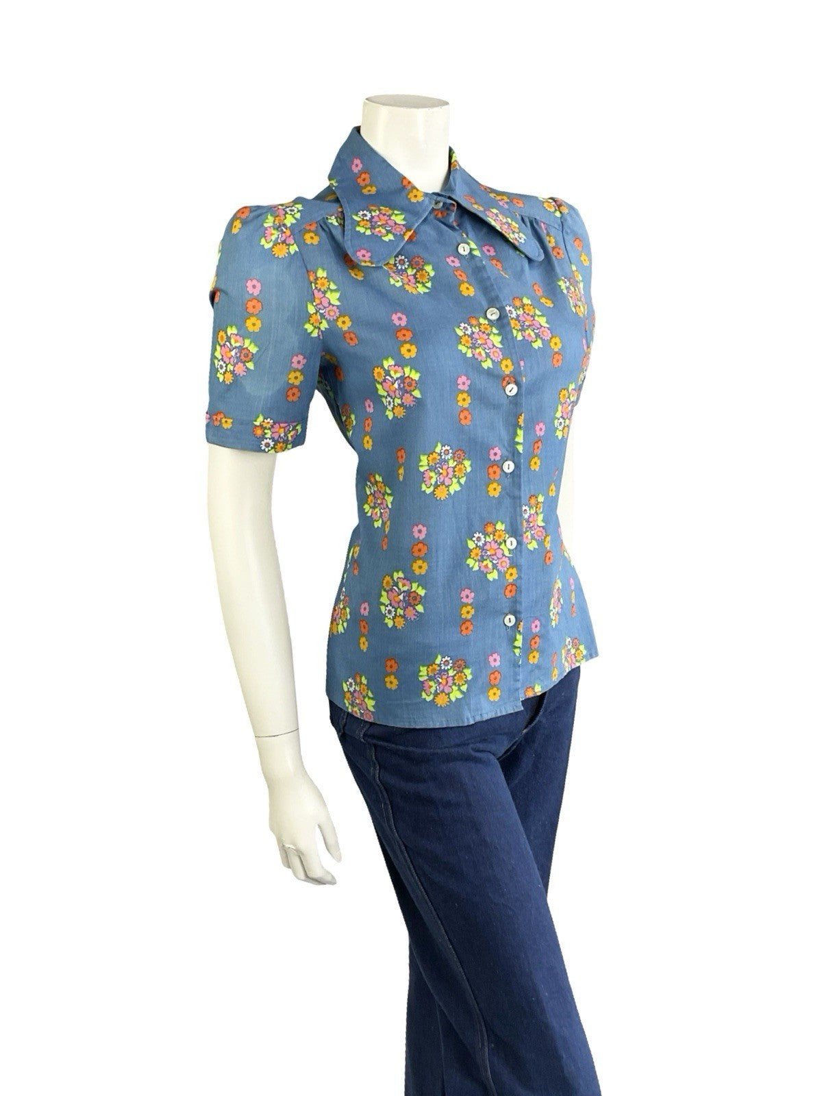 VTG 60S 70S BLUE PINK GREEN ORANGE PSYCHEDELIC FLORAL DOG EAR COLLAR MOD SHIRT 8