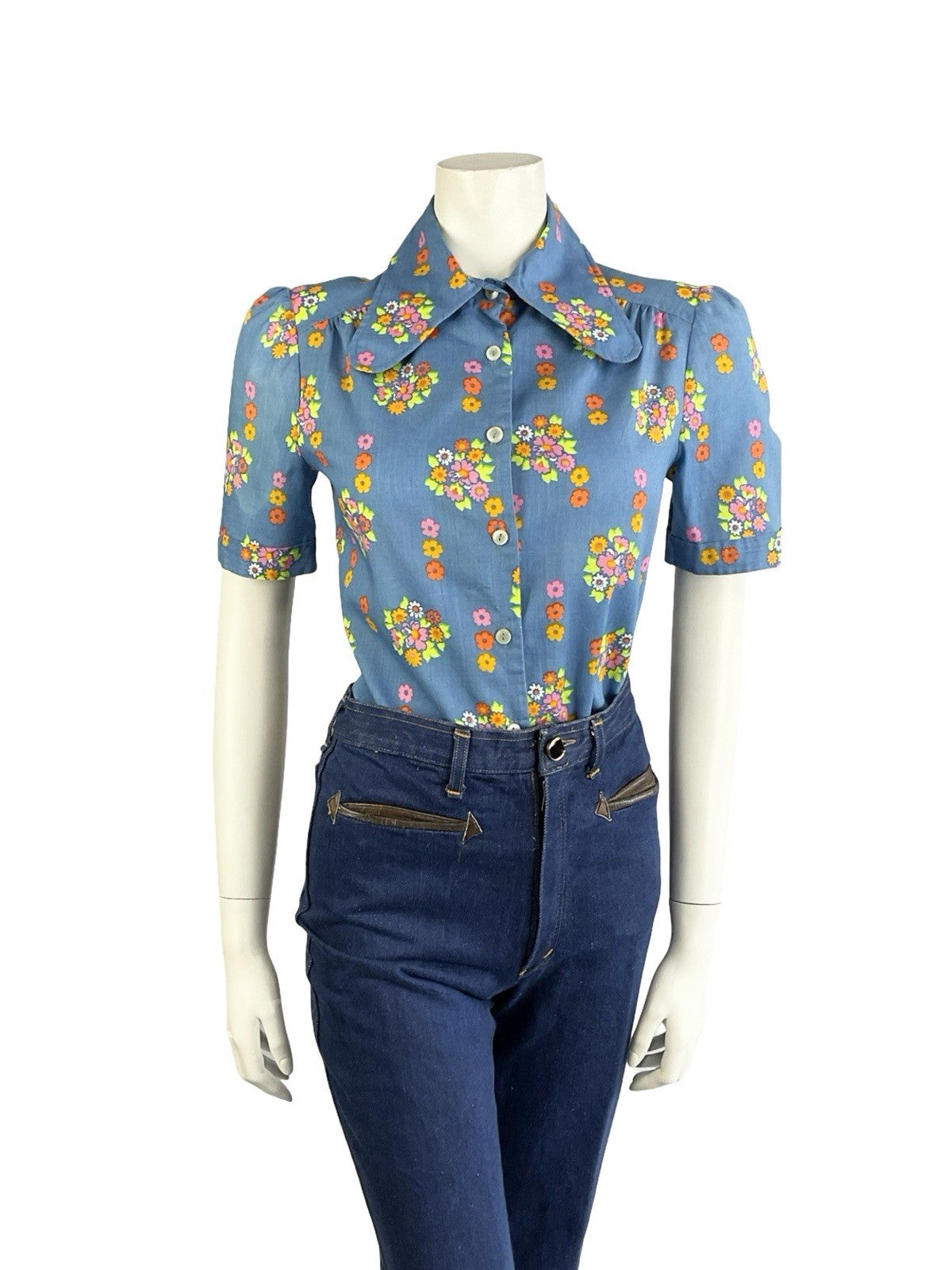 VTG 60S 70S BLUE PINK GREEN ORANGE PSYCHEDELIC FLORAL DOG EAR COLLAR MOD SHIRT 8