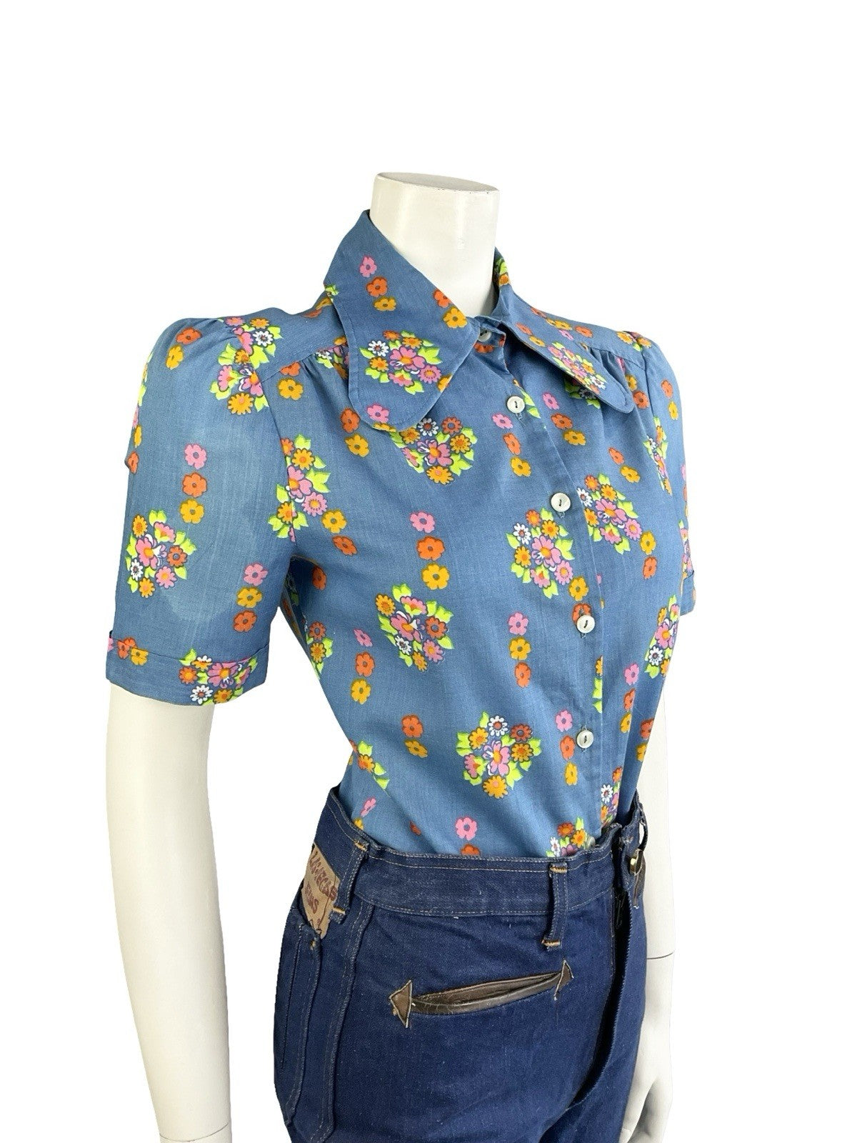 VTG 60S 70S BLUE PINK GREEN ORANGE PSYCHEDELIC FLORAL DOG EAR COLLAR MOD SHIRT 8