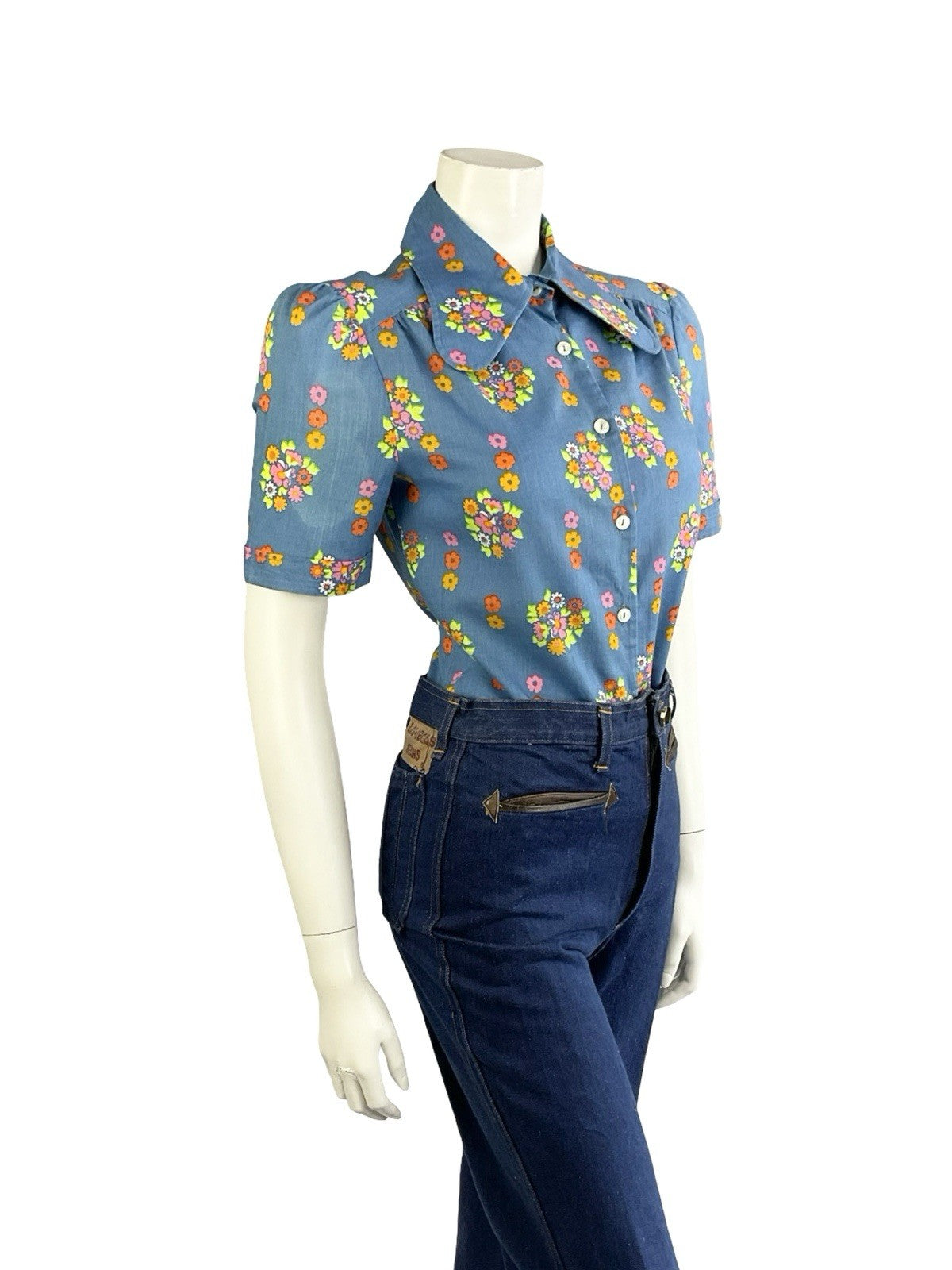 VTG 60S 70S BLUE PINK GREEN ORANGE PSYCHEDELIC FLORAL DOG EAR COLLAR MOD SHIRT 8